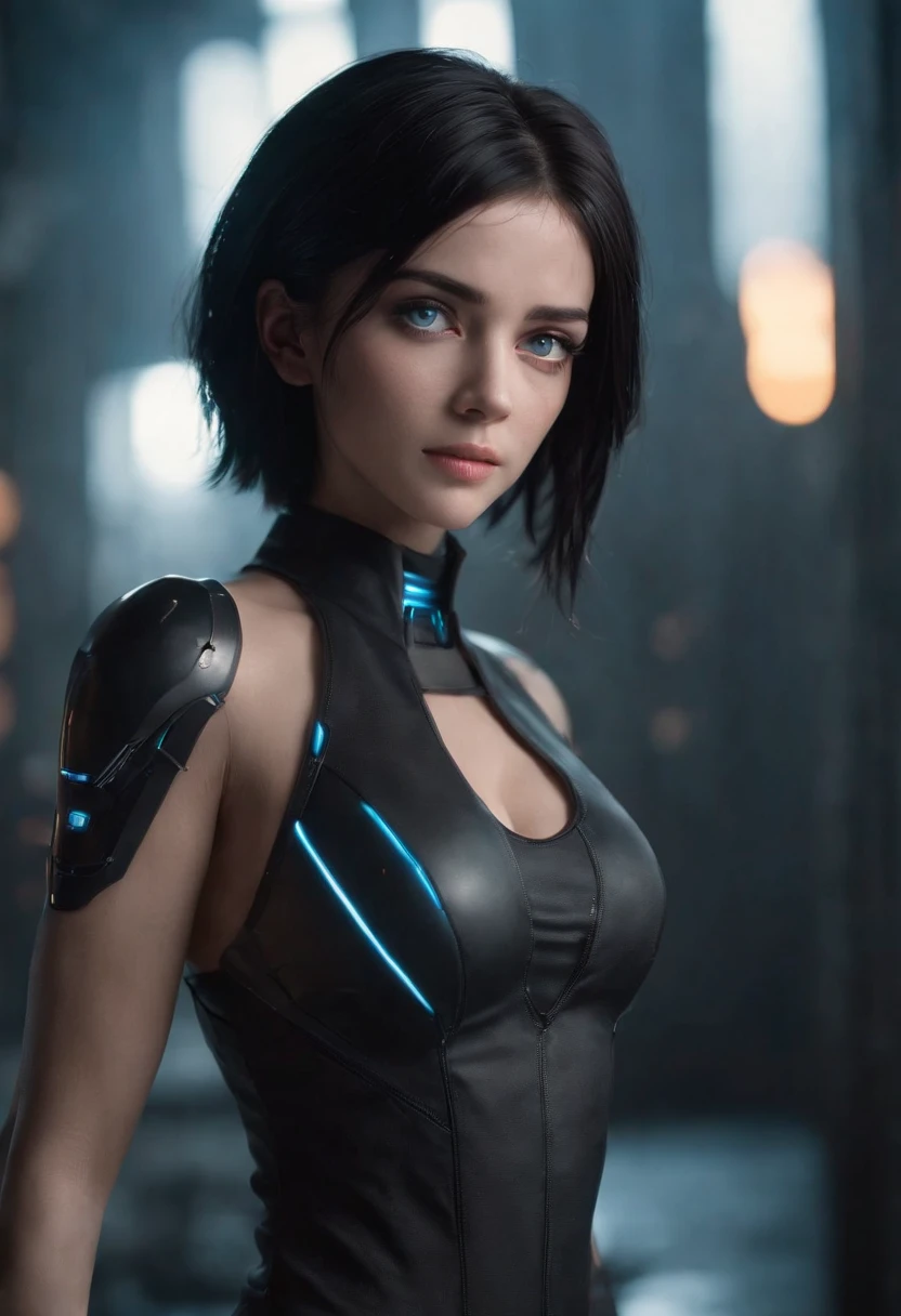 (Masterpiece: 1.21), (Best quality), Highly detailed, Ultra detailed, 1 short hair girl, (Black hair:1.2),(Glow eyes: Black tight suit : 1.2, thin long ears: 0.8), (Big light blue eyes:1.2),(Cyberpunk: 1.2), (Fantasy landscape: 1.2, natural lightting: 1.5, Confident expression), (Pert breasts:1.2),(in a panoramic view: 1.2), Smile, Angle, alita, Cyberpunk dark black background