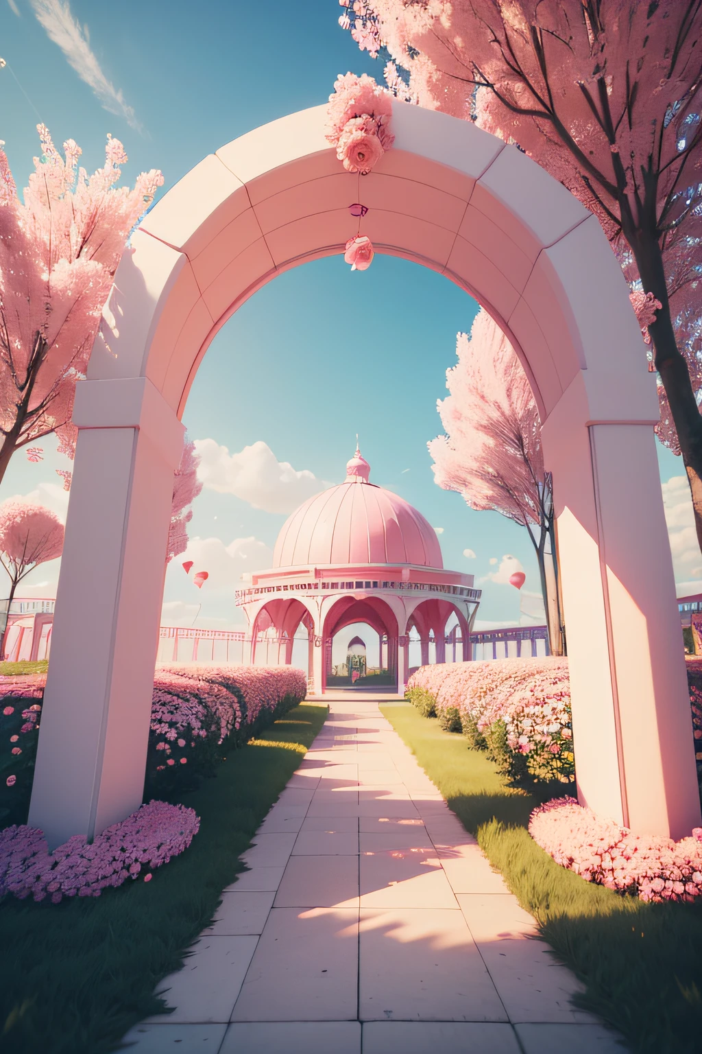 There is a pink and white arch,With balloons and benches, Roses are style, pink landscape, Dream Scenes, Looking at the pink ocean, 3 d render stylized, 3D rendering stylized, surreal 3 d render, bubbly scenery, surreal dream landscape, 3 d stylize scene, stylized as a 3d render, dreamy atmosphere and drama