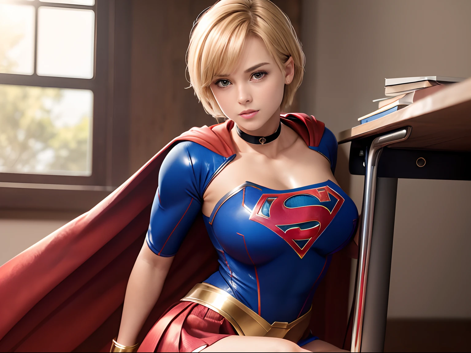 masterpiece,supergirl costume, short hair, barefoot, big and full breasts,Research room、operating table、straddle、damaged、shiny、looking at camera、Seduce、choker、long sleeve、red short mini skirt、sexy pose