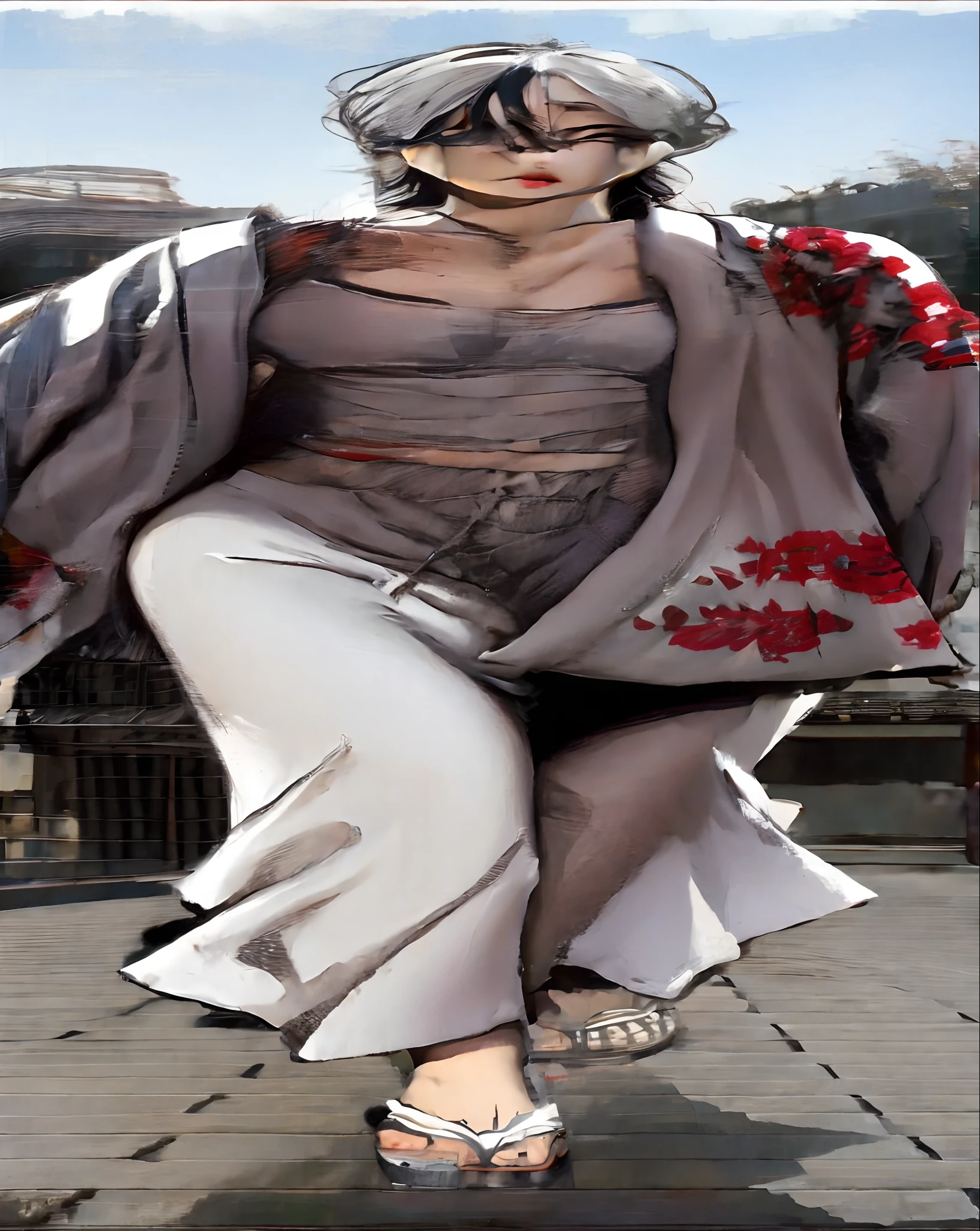 masterpiece, detailed eyes, detailed hands, perfect hands, perfect eyes, extremely detailed, perfect face, perfect skin, add more detail, walk on road, black white hair, full body, perfect fingers, rage unleash, epic sky, epic backgrounds, mesmerizing background, best quality, official art, seductive smile, extremely reality, white top with white flower kimono, white pants, white sandals