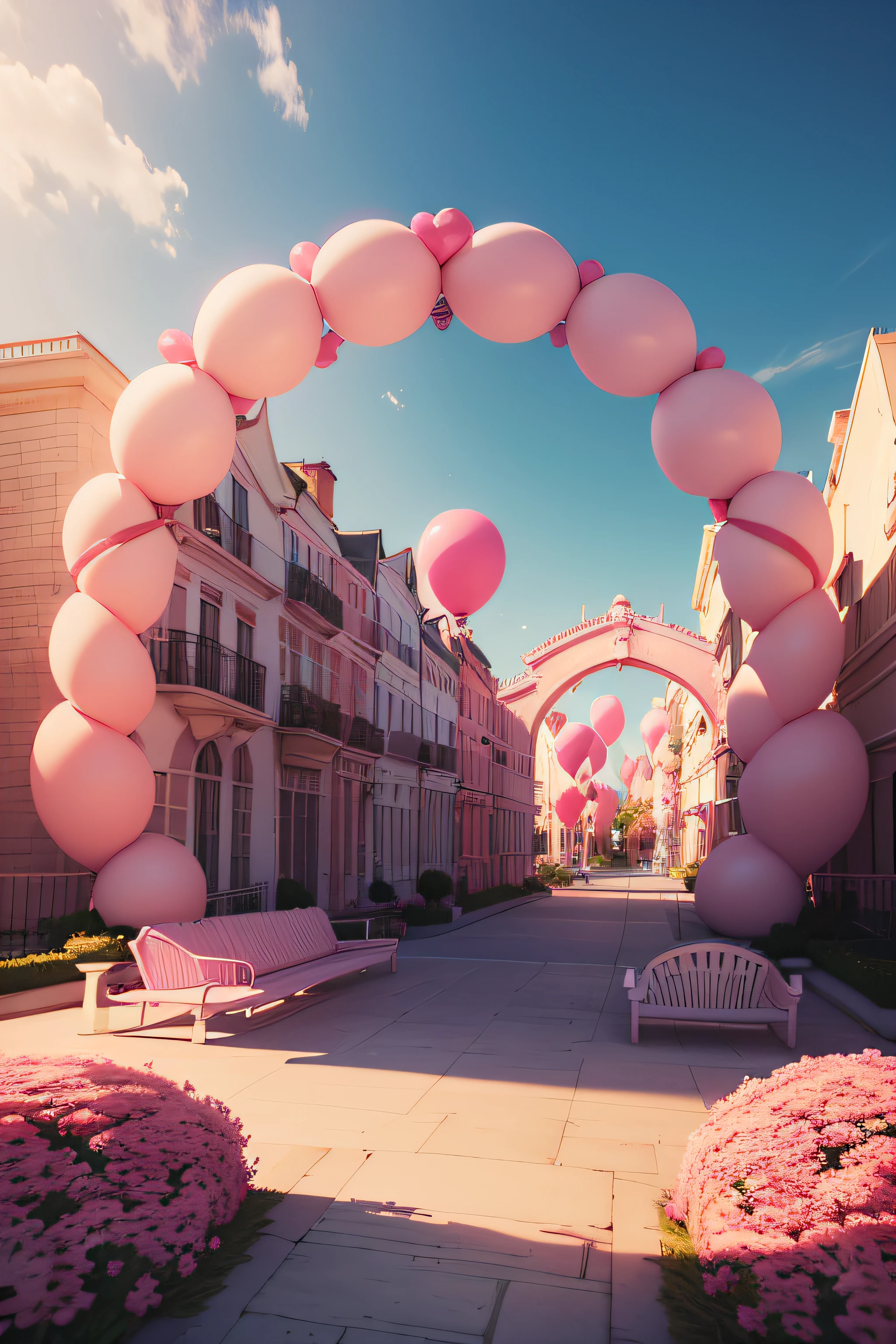 There is a pink and white arch，With balloons and benches, Roses are style, pink landscape, Dream Scenes, Looking at the pink ocean, 3 d render stylized, 3D rendering stylized, surreal 3 d render, bubbly scenery, surreal dream landscape, 3 d stylize scene, stylized as a 3d render, dreamy atmosphere and drama