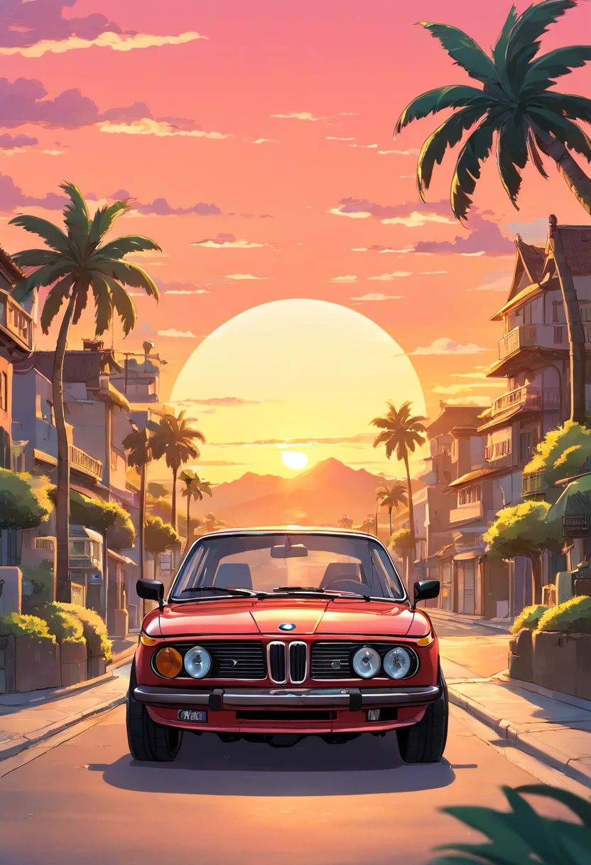 Sticker design, Classic BMW car, Sunset background, Palm trees, 5 colors of layers, Corner Street, Beleq drum, Presean, car in black color