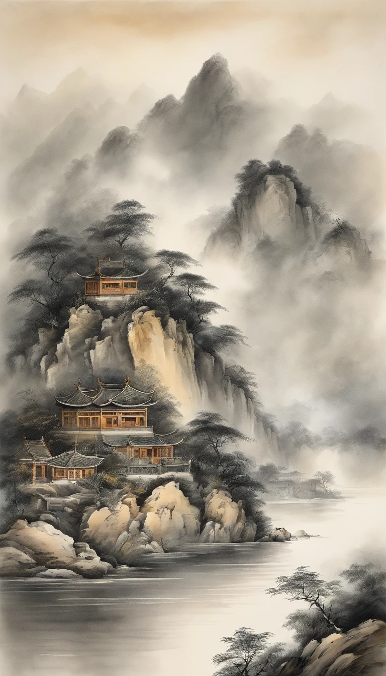 Chinese landscape painting，ink and watercolor painting，water ink，ink，Smudge，Faraway view，Ultra-wide viewing angle，Meticulous，Light boat in the distance，Faraway view，Meticulous，Smudge，low-saturation，Low contrast，The light boat has crossed the Ten Thousand Heavy Mountains，Beautifully depicted，A detailed，acurate，Works of masters，tmasterpiece