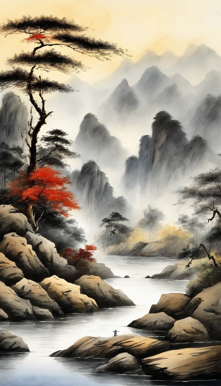 Chinese landscape painting,ink and watercolor painting,water ink,ink,Smudge,Faraway view,Ultra-wide viewing angle,Meticulous,Light boat in the distance,Faraway view,Meticulous,Smudge,low-saturation,Low contrast,The light boat has crossed the Ten Thousand Heavy Mountains,Beautifully depicted,A detailed,acurate,Works of masters,tmasterpiece