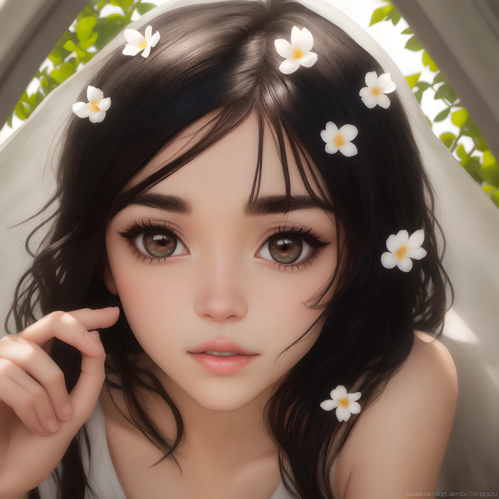 Spring, black hair, brown eyes, natural light