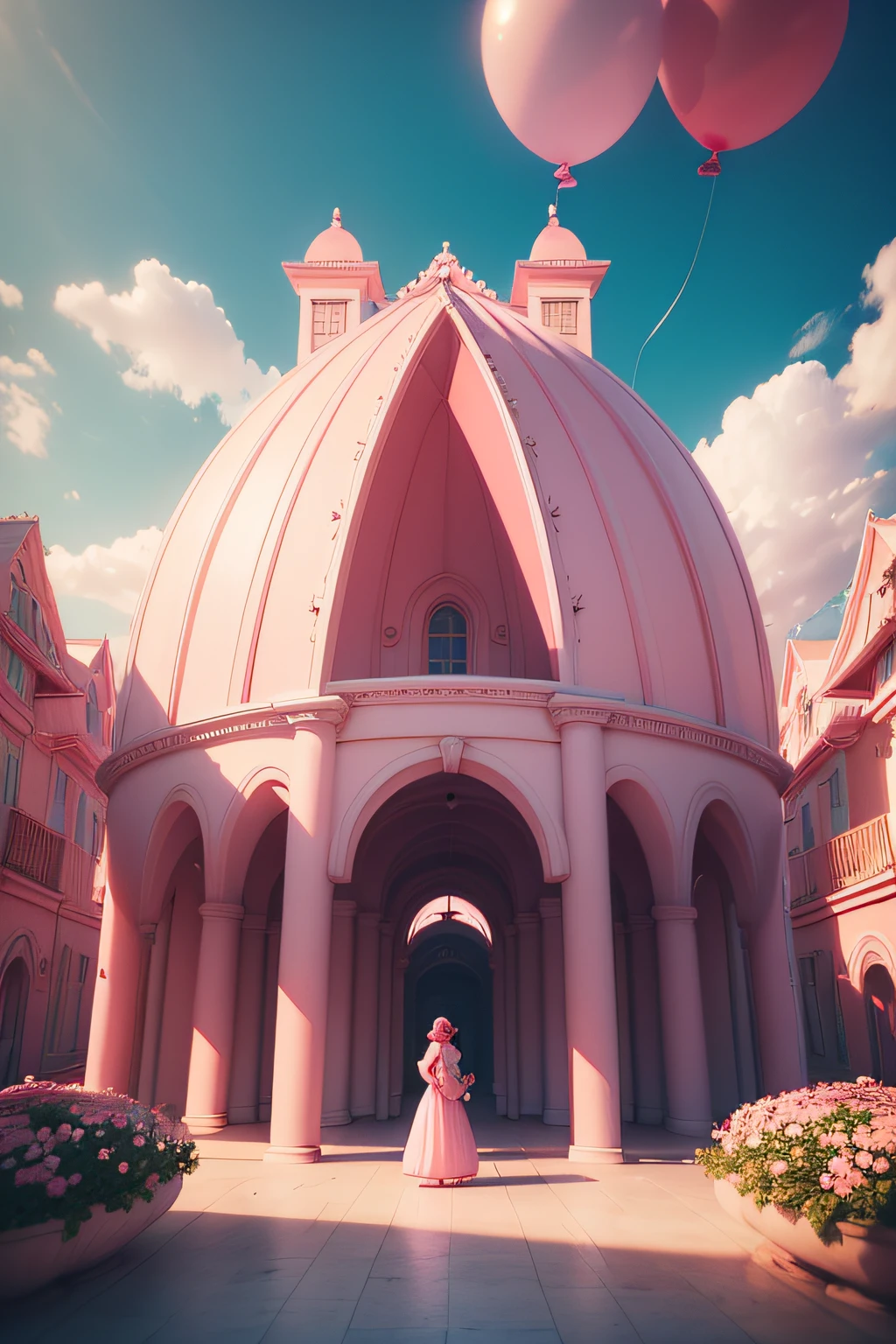 There is a pink and white arch,With balloons and benches, Roses are style, pink landscape, Dream Scenes, Looking at the pink ocean, 3 d render stylized, 3D rendering stylized, surreal 3 d render, bubbly scenery, surreal dream landscape, 3 d stylize scene, stylized as a 3d render, dreamy atmosphere and drama