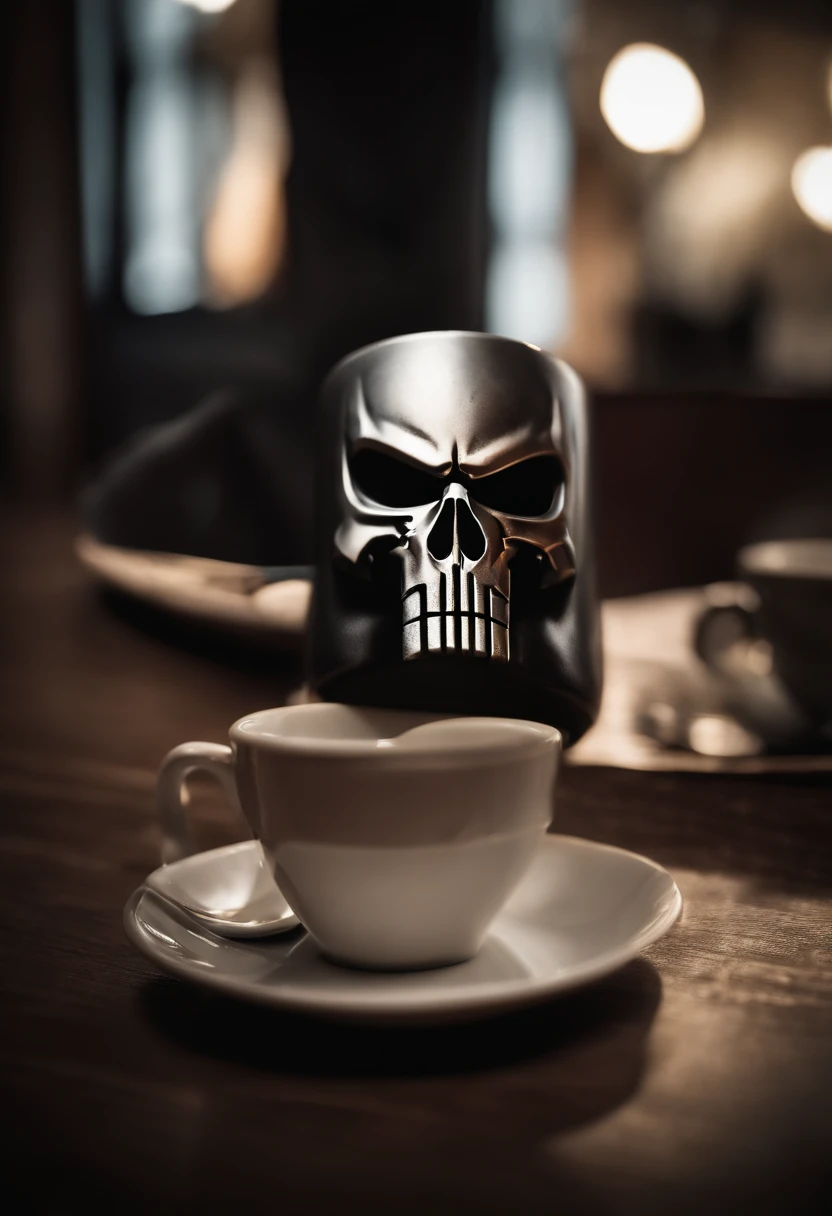 a coffee mug in the shape of the punisher skull,collor candy, cinematic, hyperrealistic, epic perspective,