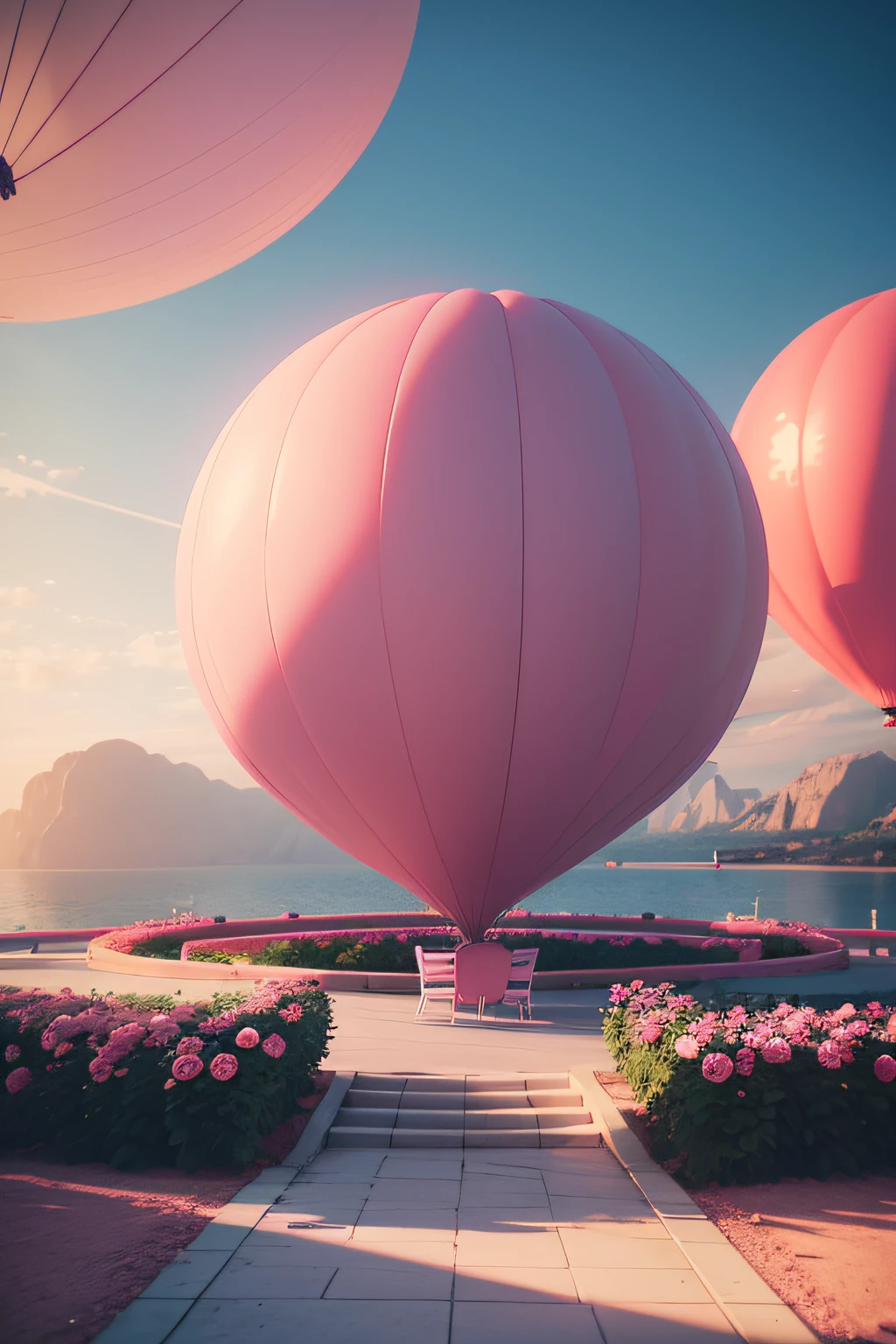 There is a pink and white arch，With balloons and benches, Roses are style, pink landscape, Dream Scenes, Looking at the pink ocean, 3 d render stylized, 3D rendering stylized, surreal 3 d render, bubbly scenery, surreal dream landscape, 3 d stylize scene, stylized as a 3d render, dreamy atmosphere and drama