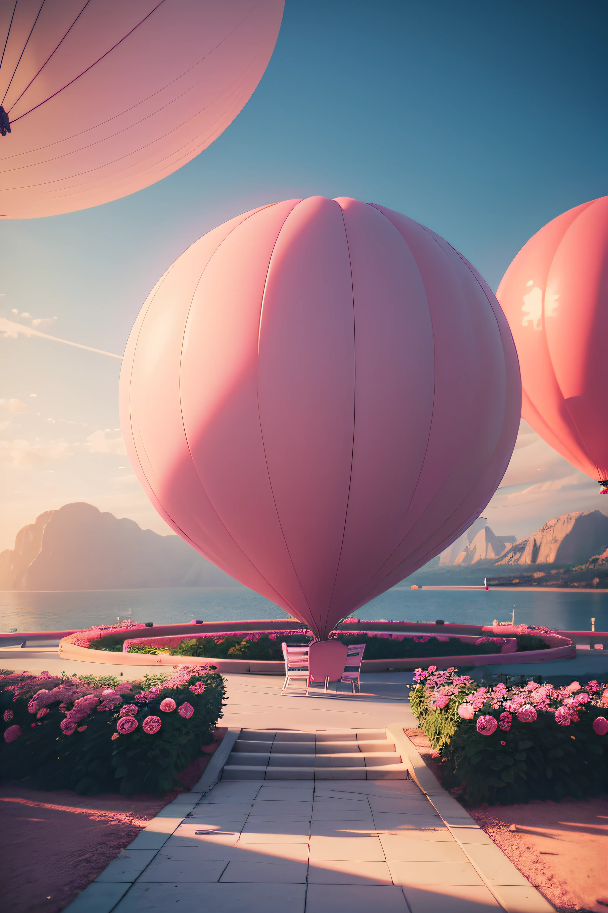 There is a pink and white arch，With balloons and benches, Roses are style, pink landscape, Dream Scenes, Looking at the pink ocean, 3 d render stylized, 3D rendering stylized, surreal 3 d render, bubbly scenery, surreal dream landscape, 3 d stylize scene, stylized as a 3d render, dreamy atmosphere and drama