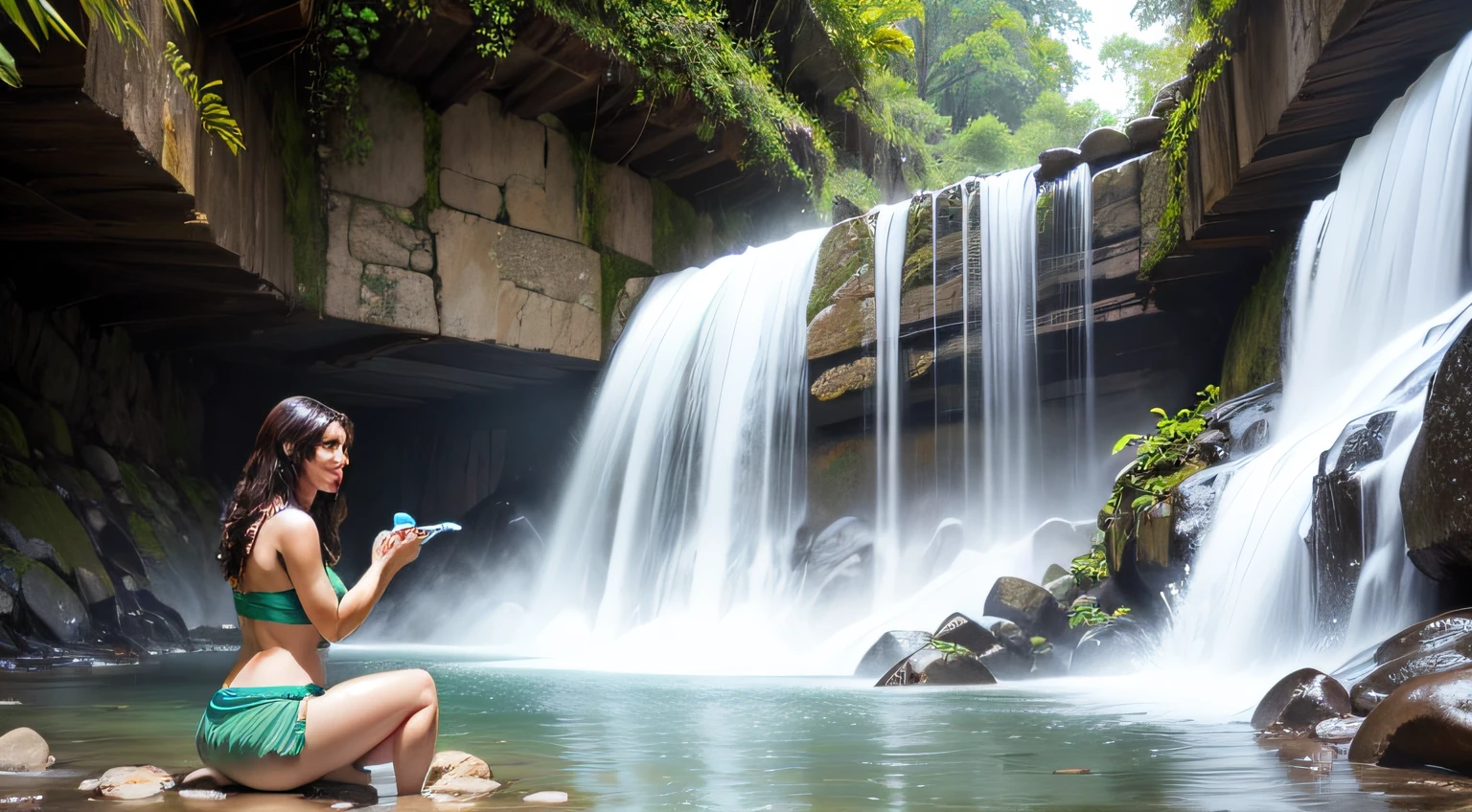 mulher na cachoeira tomando banho nas pedras