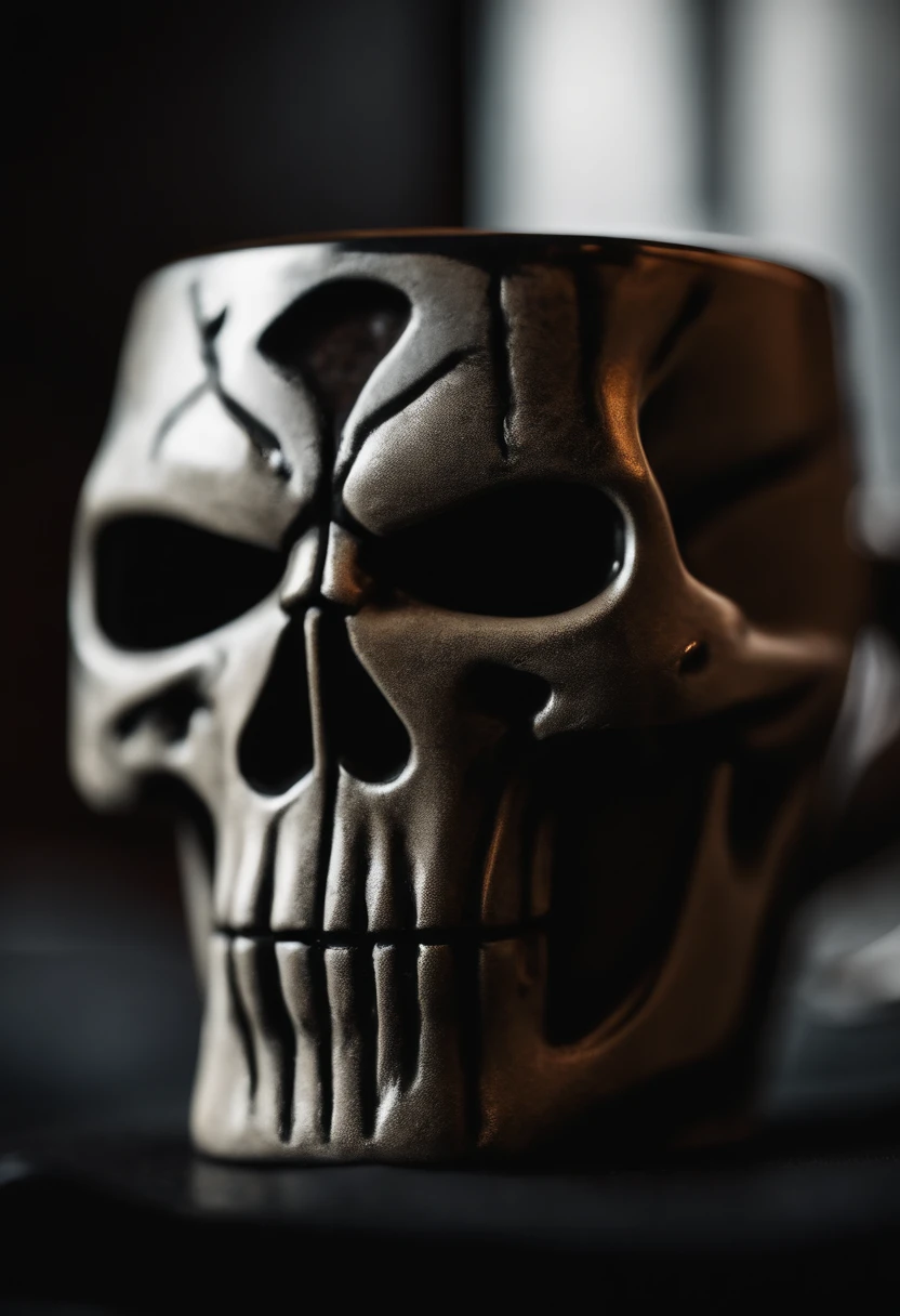 a coffee mug in the shape of the punisher skull, cinematic, hyperrealistic, epic perspective,