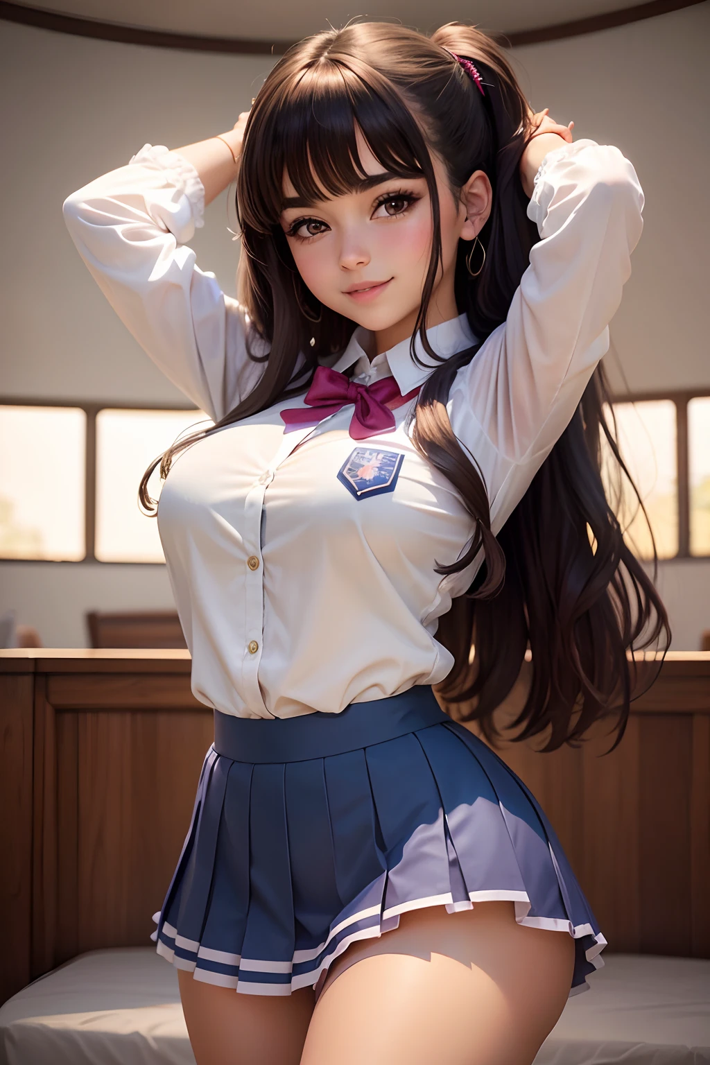 hermosa y linda colegiala, delicado y hermoso cabello, llevara uniforme de colegiala, muestra su escote exuberante, encantadores senos extremadamente grandes, falda escocesa muy corta, medias blancas, mostrando sus bragas, muy juvenil, piel suave y sin imperfecciones, linda sonrisa
