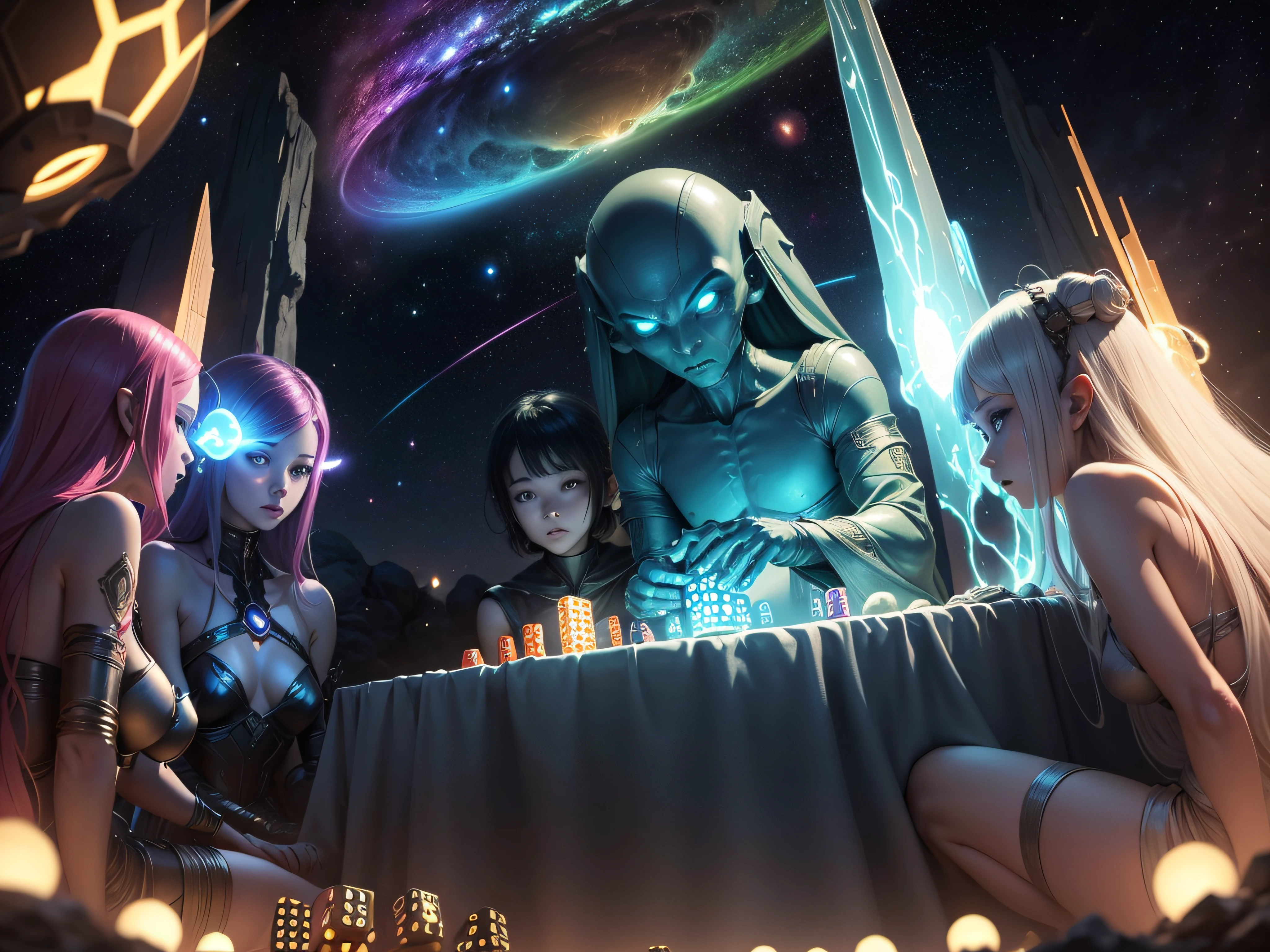 there are six beings 3 light glowing bright and 3 dark Alien extraterrestrial, playing a dice game looking down at earth fro a space ship making a life decision on the life of humans