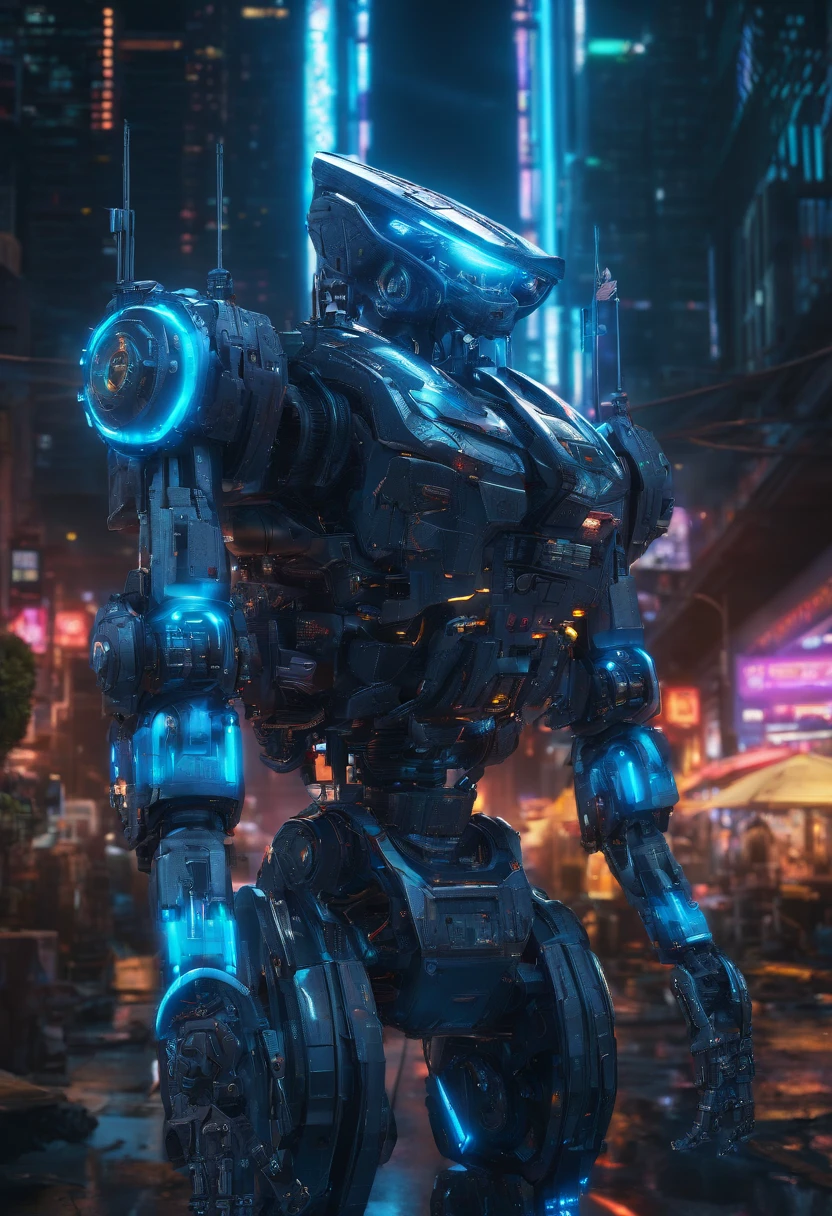 Um mecha azul, estilo ciborgue, com metralhadoras saindo pela boca, em uma floresta chuvosa e sombria, where the rain reflects the vibrant lights of the city in the distance, criando um contraste futurista, HD 4k