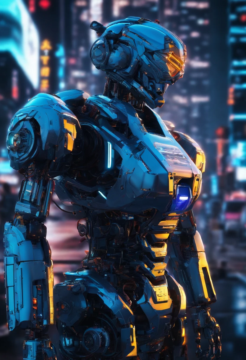 Um mecha azul, estilo ciborgue, com metralhadoras saindo pela boca, em uma floresta chuvosa e sombria, where the rain reflects the vibrant lights of the city in the distance, criando um contraste futurista, HD 4k