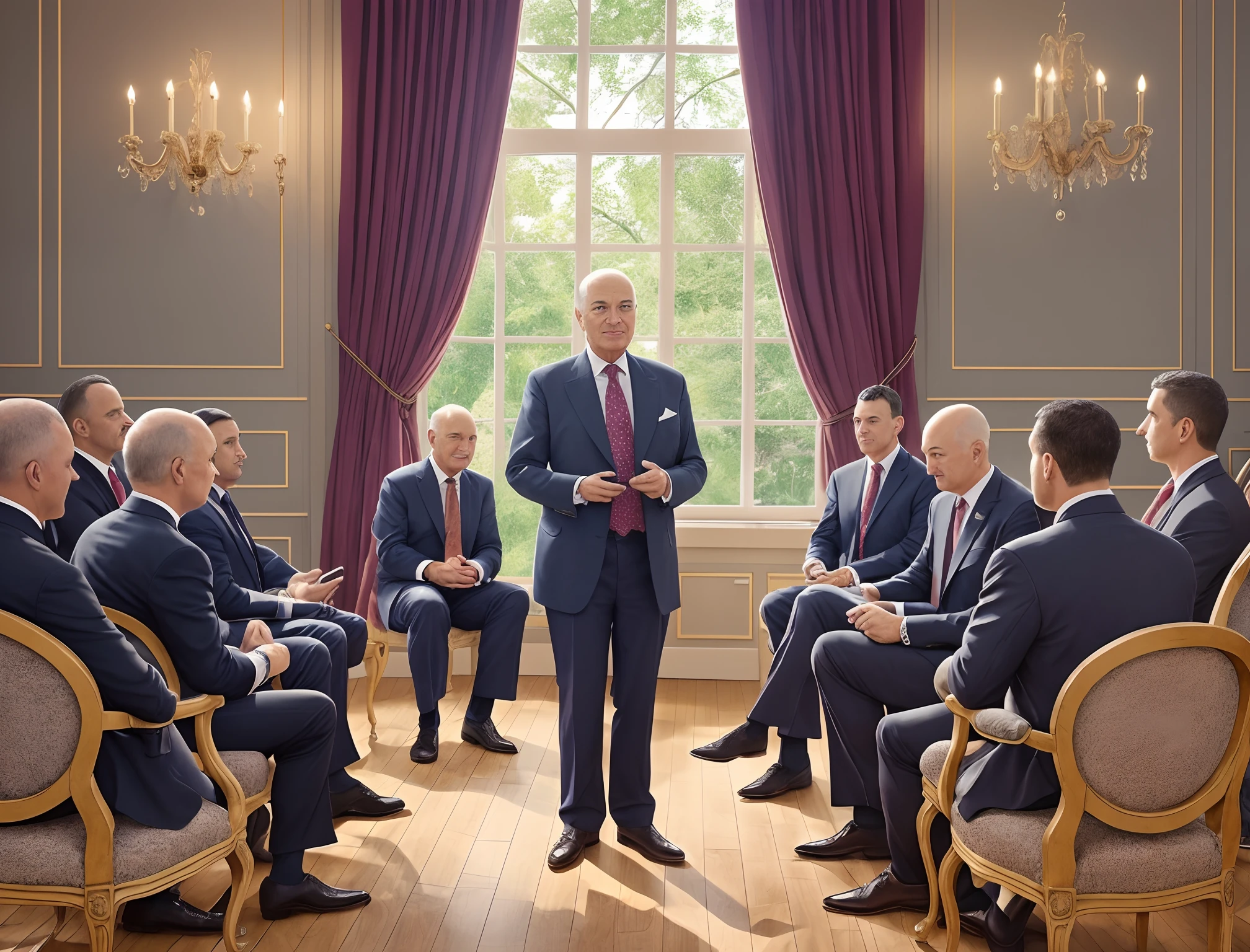 "Imagem: Renowned writer Napoleon Hill stands on stage, engaging and charismatic, while sharing valuable insights with a group of attentive entrepreneurs. The businessmen are seated in chairs arranged in front of the stage, fixing his gaze on Hill with admiration and interest, prontos para absorver as palavras do mestre." My approach to digital oil painting highlights dark and bright blue hues, with a focus on meticulous realism and the application of meticulous textures to create depth and engaging atmosphere in the images --auto --s2