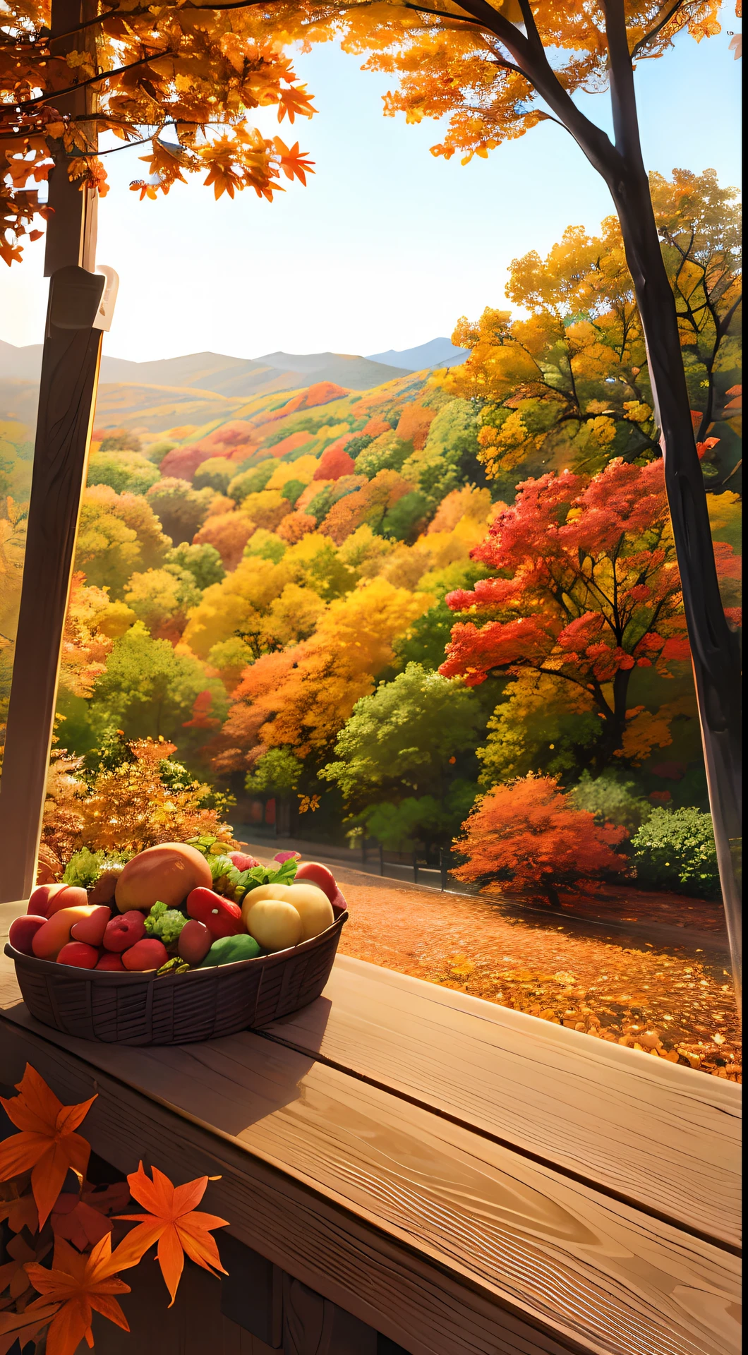 autumnal equinox, Vibrant autumn leaves, Golden leaves, Fresh air, Falling leaves, Gentle breeze, Harvest bounty, a warm color palette, Beautiful view of autumn, Seasonal transformation, tranquil ambiance, Refreshing and cool, autumnal equinox, Wonders of autumn leaves, Colorful tapestry, Natural abundance, Celebrate a good harvest, A farewell to nature, Seasonal changes, Cozy autumn atmosphere, Picturesque scenery, bumper harvest, A masterpiece of nature,Pure scene。