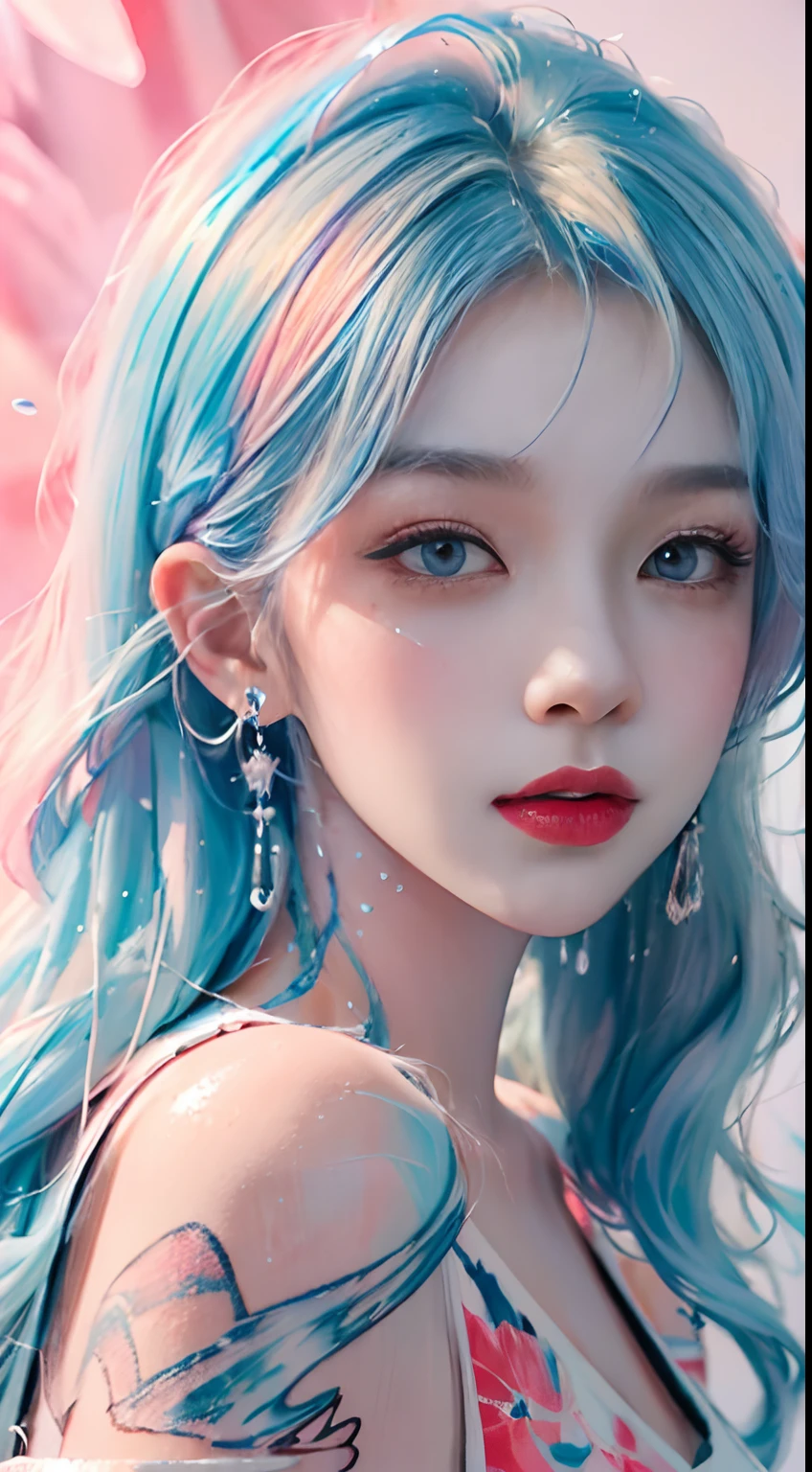 (Masterpiece, Best Quality, High Resolution), White Background, Acrylic Paint, Anime Shoujo, ((Color Splash, Splash of Ink, Color Splash)), Sweet Chinese Girl, Light Blue Long Hair, [Light Blue|Pink] Hair, Curly Hair, Glitter, Peach Lips, White Shirt, Front, Upper Body