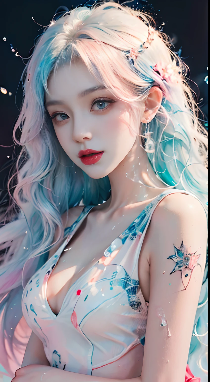(Masterpiece, Best Quality, High Resolution), White Background, Acrylic Paint, ((Color Splash, Splash of Ink, Color Splash)), Sweet Chinese Girl, Long Light Blue Hair, [Light Blue|Pink] Hair, Curly Hair, Glitter, Peach Lips, White Shirt, Front, Upper Body