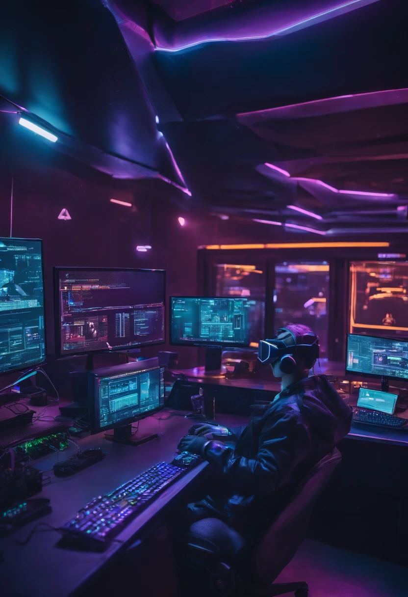 A dimly lit computer lab，There are a lot of monitors and a keyboard, cyber punk setting, Cyberpunk configuration, cyber led neon lighting, cyber space, cyberpunk with neon lighting, cyber neon lights, in a cyberpunk themed room, Indoor cyberpunk, gamer screen on metallic desk, cyber aesthetic, Cybernetic style, sci-fi computer, Cyber background, Network installation, console and computer，There are drones overhead，Cartoon character wearing VR glasses，Paper