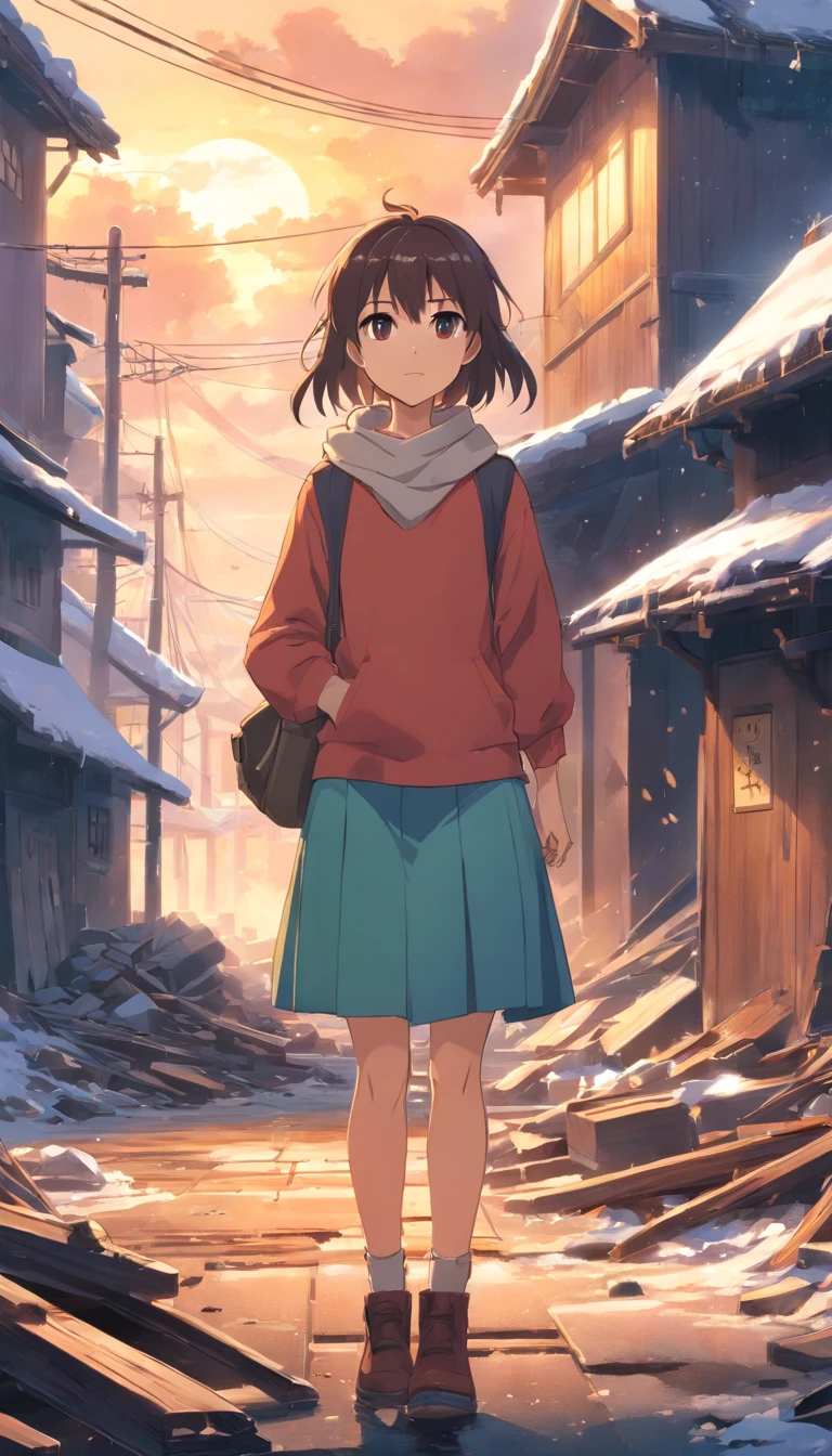 Epic scene where, In the middle of a destroyed and cold village, coberto de neve densa, O jovem mago protagonista de cabelos escuros e olhos dourados brilhantes, feridos pelo confronto, desperta o poder do fogo