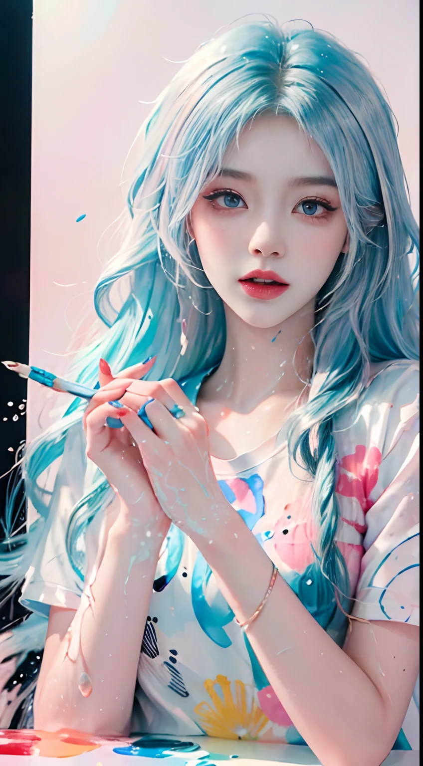 (Masterpiece, Best Quality, High Resolution), White Background, Acrylic Paint, ((Color Splash, Splash of Ink, Color Splash)), Sweet Chinese Girl, Long Light Blue Hair, [Light Blue|Pink] Hair, Curly Hair, Glitter, Peach Lips, White Shirt, Front, Upper Body