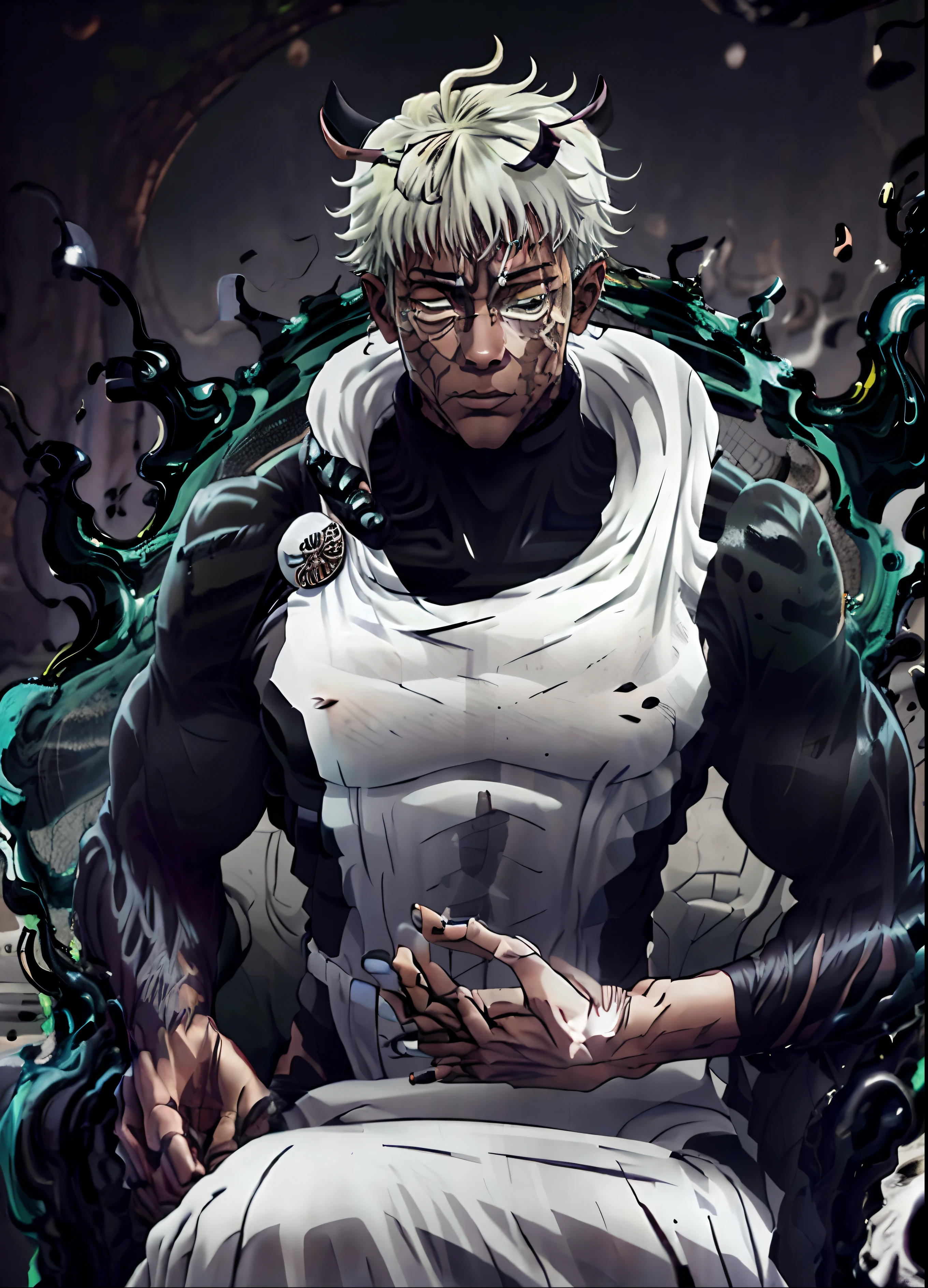 Create a full-length portrait of a dark-skinned character with white curly hair. He is a host of a natural entity similar to Hanami from Jujutsu Kaisen. His body features intricate branch patterns that cover his skin like white tattoos. He has horns that resemble tree branches, protruding from his head and intertwining with his white hair. The contrast between his dark skin and the white markings and horns must be striking. It radiates a mysterious and cursed aura.