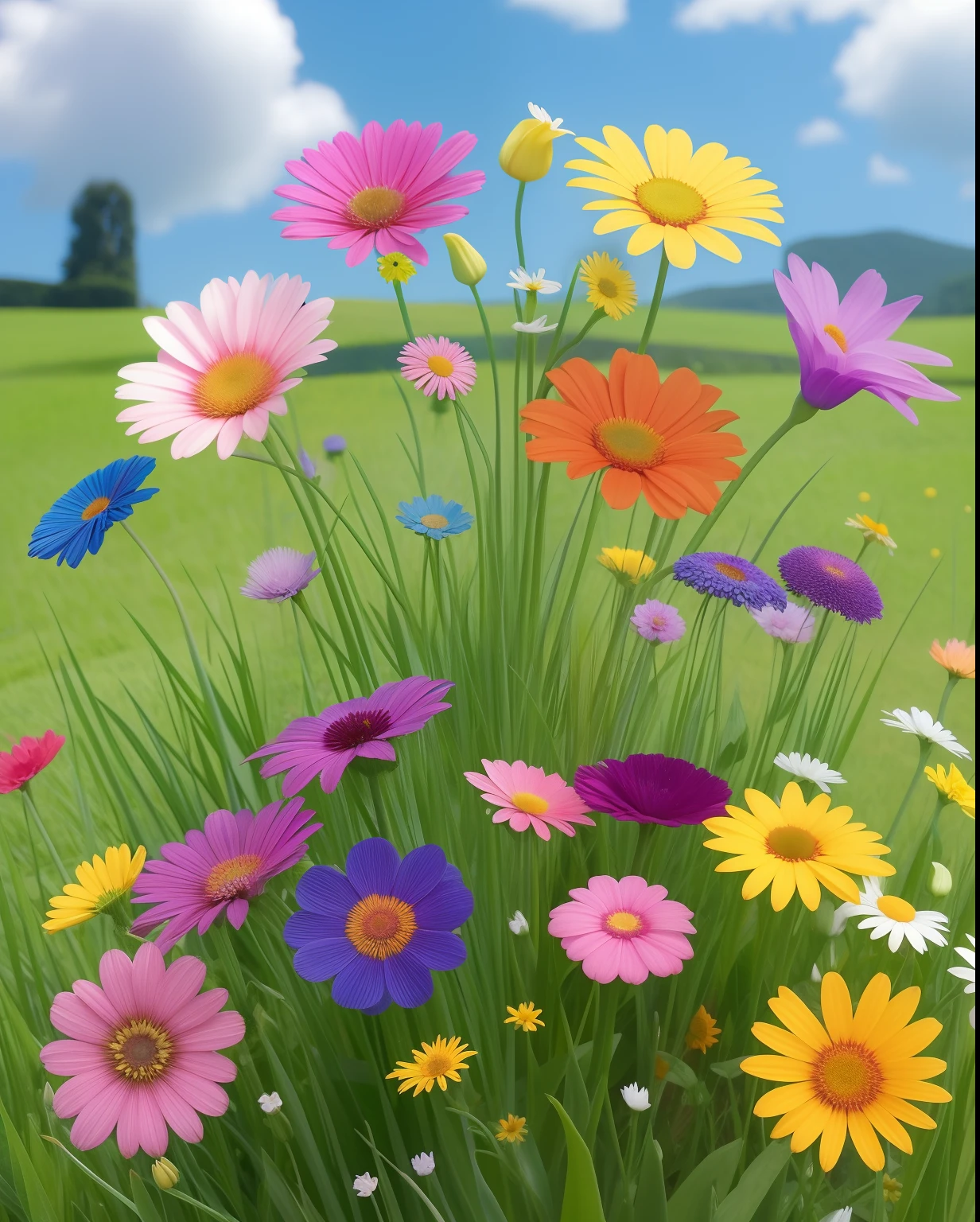 a bunch of colorful flowers in a field with a blue sky, magical colorful flowers, Campo de flores de fantasia, flores coloridas, flores silvestres coloridas, flores do prado, flores coloridas, Prado de flores, campo de fundo das flores, flores do campo, flores florais coloridas, Campo de flores, flores silvestres, Campo de flores, magic flowers, prado com flores, flores bonitas crescendo, flores de cores vivas