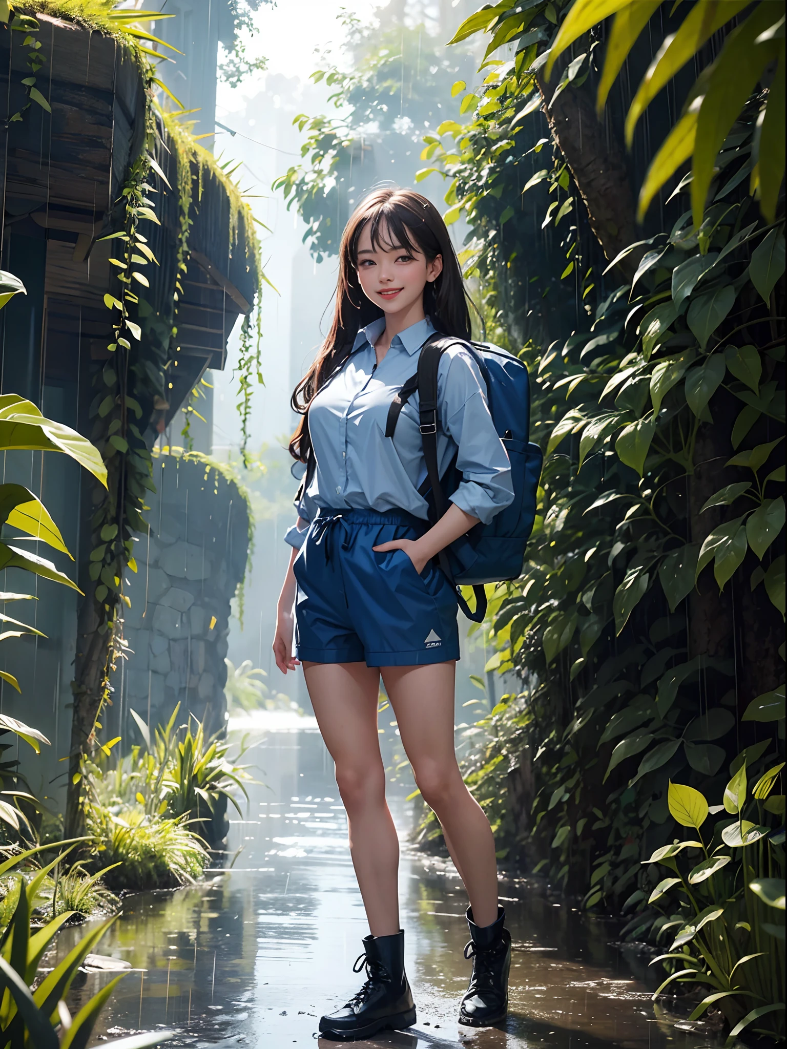 (best quality, masterpiece), girl, deep rain forest, raining, backpack, sun, standing, (smile, ready to fight, blue outfit, full body)