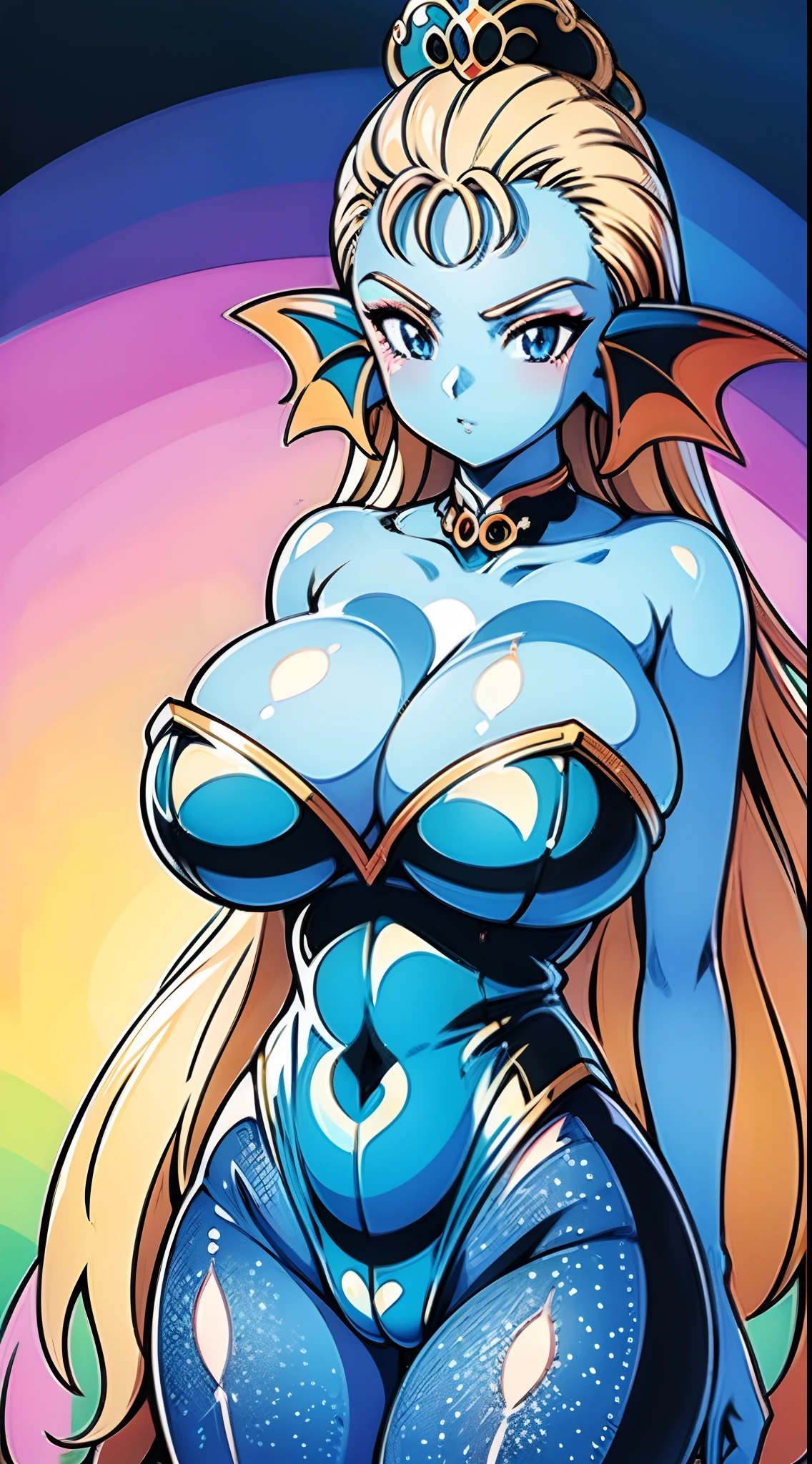 8K,High quality,Anime,married,Beautiful,Beautiful face,clean,Bright,highlight in eyes,Sexy,ultra gigantic tits,oversized tits,Erotic,,beautiful line art. Blue skin, Well drawn, Ears with blue and orange gradient fins,Standing posture、Black leotard、Glossy outfit、