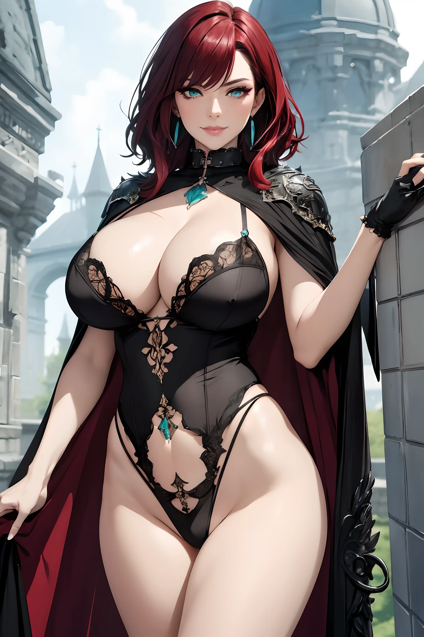 masterpiece, best quality, 1woman adult, older milf, solo, highlight black red hair, vibrant aqua eyes, medium hair with fringe, looking at viewer, cape, High quality metal texture, closed mouth, full body view, bangs, high collar,(kbxll:0.6), Fantasy aesthetics, fantasy earring, Highly detailed, HD delicated face, thicc body, gigantic breasts, large areola, hard nipple, smirking facial