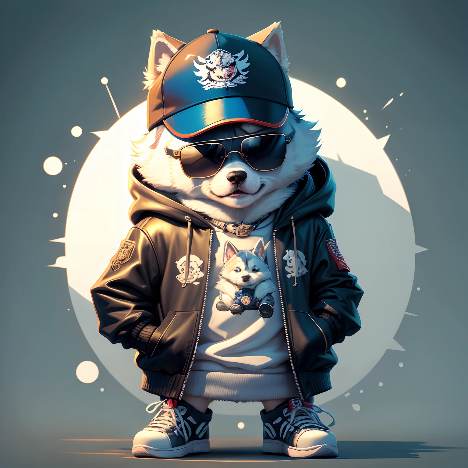 Siberian Husky puppy, with cartoons on jacket and sunglasses,,pose bonita,Wearing Hat、I'm eating ramen,