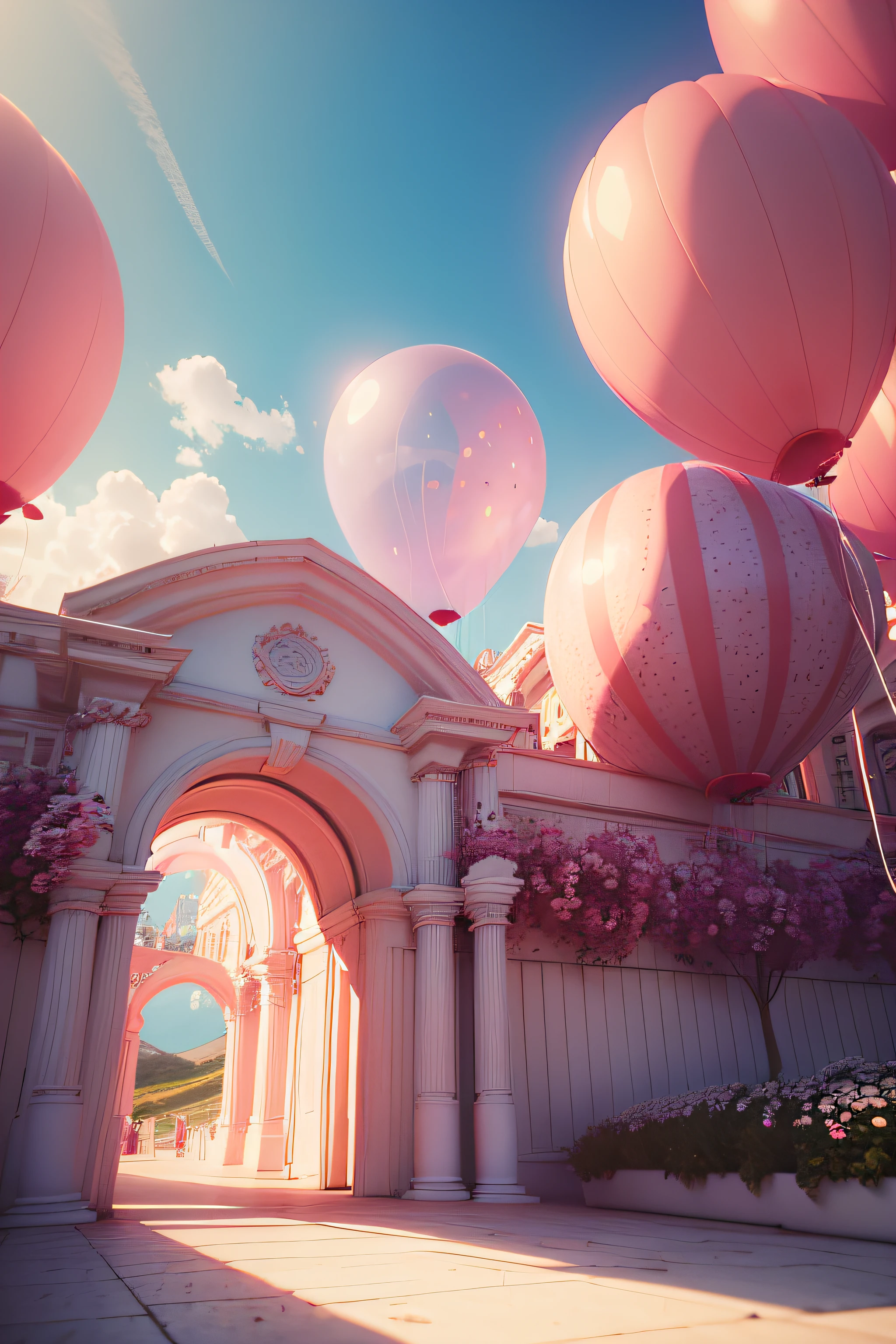 There is a pink and white arch，With balloons and benches, Roses are style, pink landscape, Dream Scenes, Looking at the pink ocean, 3 d render stylized, 3D rendering stylized, surreal 3 d render, bubbly scenery, surreal dream landscape, 3 d stylize scene, stylized as a 3d render, dreamy atmosphere and drama