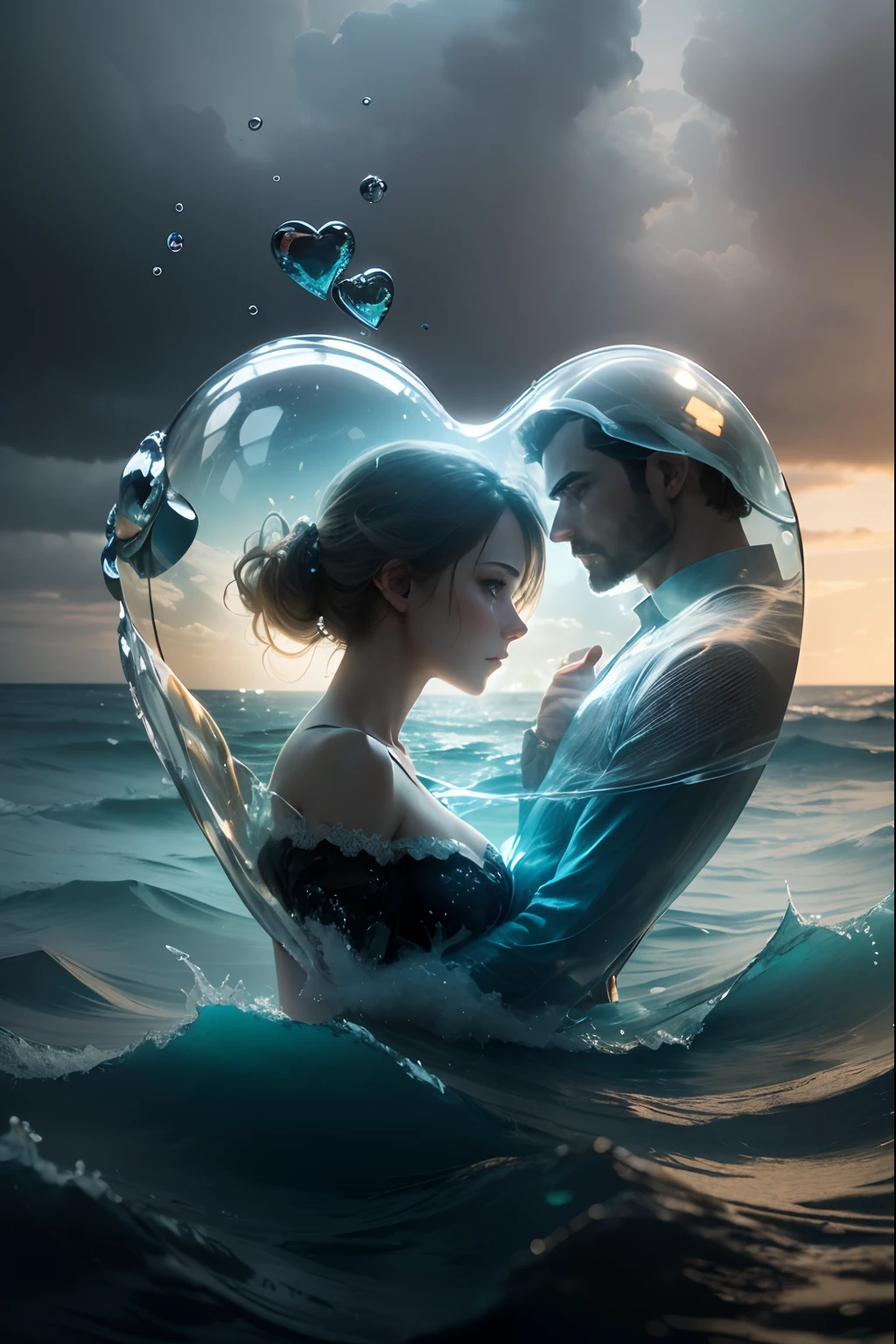 lovely double exposure image by blending together a man and a woman a stormy sea and a heart inside a glass mind. The sea should serve as the underlying backdrop, with its details subtly incorporated into the glossy glass mind, sharp focus, double exposure, glossy glass mind, (translucent glass figure of an heart) (sea inside) lifeless, dead, glass mind, earthy colors, decadence, intricate design, hyper realistic, high definition, extremely detailed, dark softbox image, raytracing, cinematic, HDR, photorealistic (double exposure:1.1), many more small hear shaped water drops.