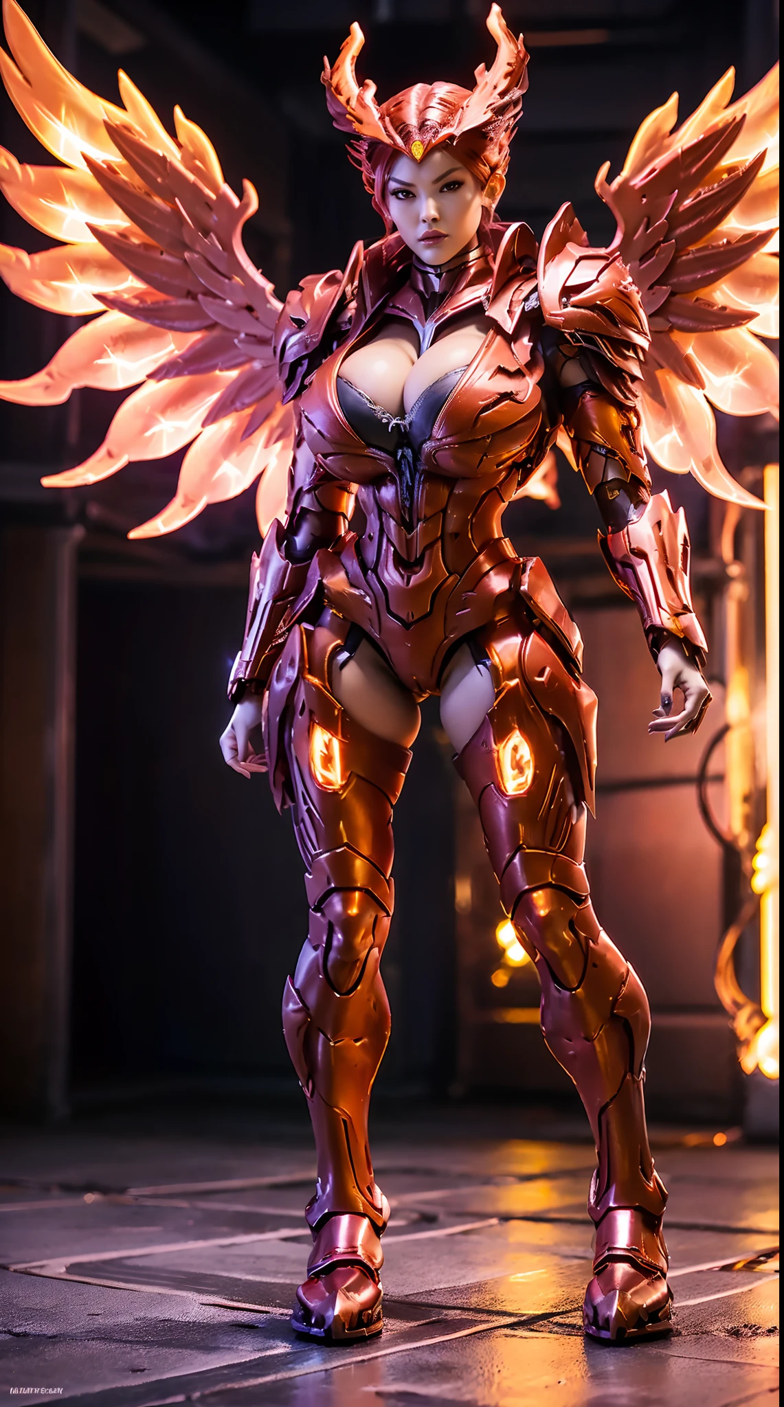 FIRE PHOENIX, (DRAGON HEAD), HUGE BOOBS, FIRE MECHA ARMOR FULL SUIT, (CLEAVAGE), (A PAIR LARGEST PHOENIX WINGS), TRANSPARANT, TALL LEGS, STANDING, SEXY BODY, MUSCLE ABS.