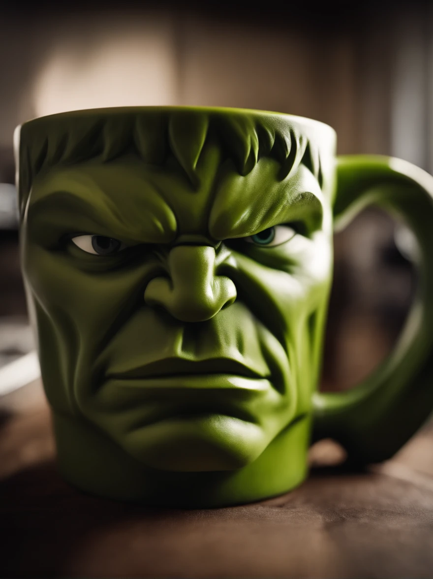 A Hulk-shaped coffee mug, cinemactic, hiper-realista, Epic perspective,