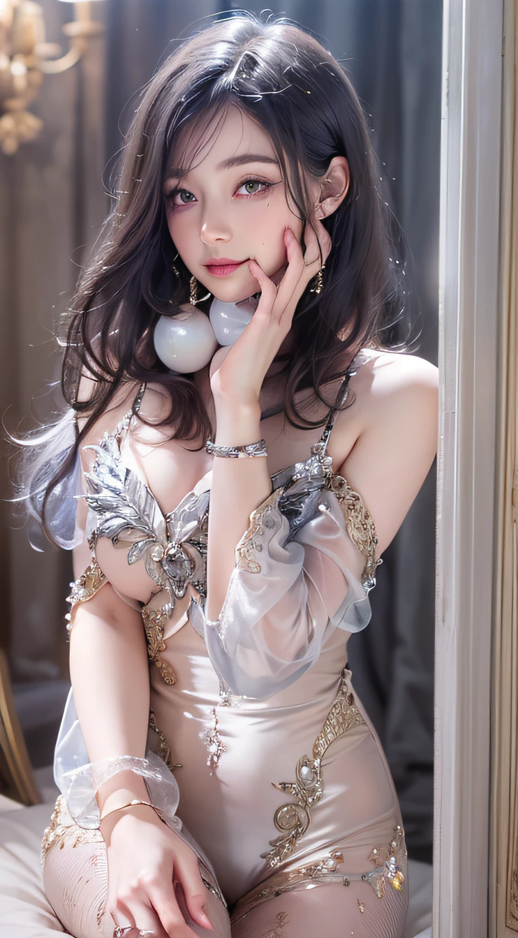 1girll,(enchanced quality:1.4),(Top quality true texture skin), Delicate face,Black hair, Gradient hair, Petite body,(perfect bodies:1.1), There are precious stones on the forehead, rimless eyewears, Sparkling pupils,long eyelasher,grin, hyper photorealism, Cinematic lighting, projected inset, surrealism, hyper HD, Masterpiece, 16k,Lie down,dream on,Wear transparent silk pajamas,Carmelto,Legs slightly open,Tattooed with,Fantasy space,Luxurious space