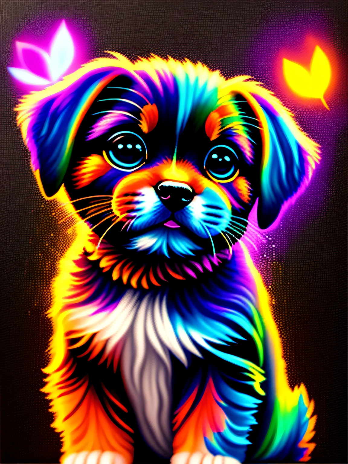 a painting of a colorful puppy on a black background,, breathtaking rendering, within a radiant connection, inspired by Kinuko Y. Craft,, magical elements, kitten icon, wow, is beautiful, casting a multi colorful spell, bright flash, flash