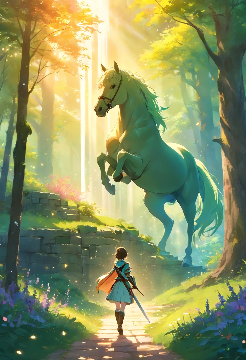 (best quality,4k,8k,highres,masterpiece:1.2),ultra-detailed,(realistic,photorealistic,photo-realistic:1.37), HDR, UHD, studio lighting, ultra-fine painting, sharp focus, physically-based rendering, extreme detail description, professional, vivid colors, bokeh, oil painting, fairy tale, realistic, dream-like, enchanting atmosphere, magnificent castle in the distance, majestic trees, golden rays of sunlight streaming through the branches, sparkling waterfall, colorful flowers blooming, gentle breeze rustling the leaves, mythical creatures hidden in the shadows, moss-covered stones, romantic atmosphere, magical, ethereal, mysterious, knight wearing shining armor, noble horse with flowing mane, knight holding a sword and shield, determination in his eyes, love in the air, princess waiting in the castle tower, soft blush on her cheeks, anticipation in her expression, knight riding through the forest in search of his true love, pallet knife and brush strokes adding texture and depth to the painting, warm color palette with shades of green, gold, and pink, soft, diffused lighting casting a romantic glow over the scene.