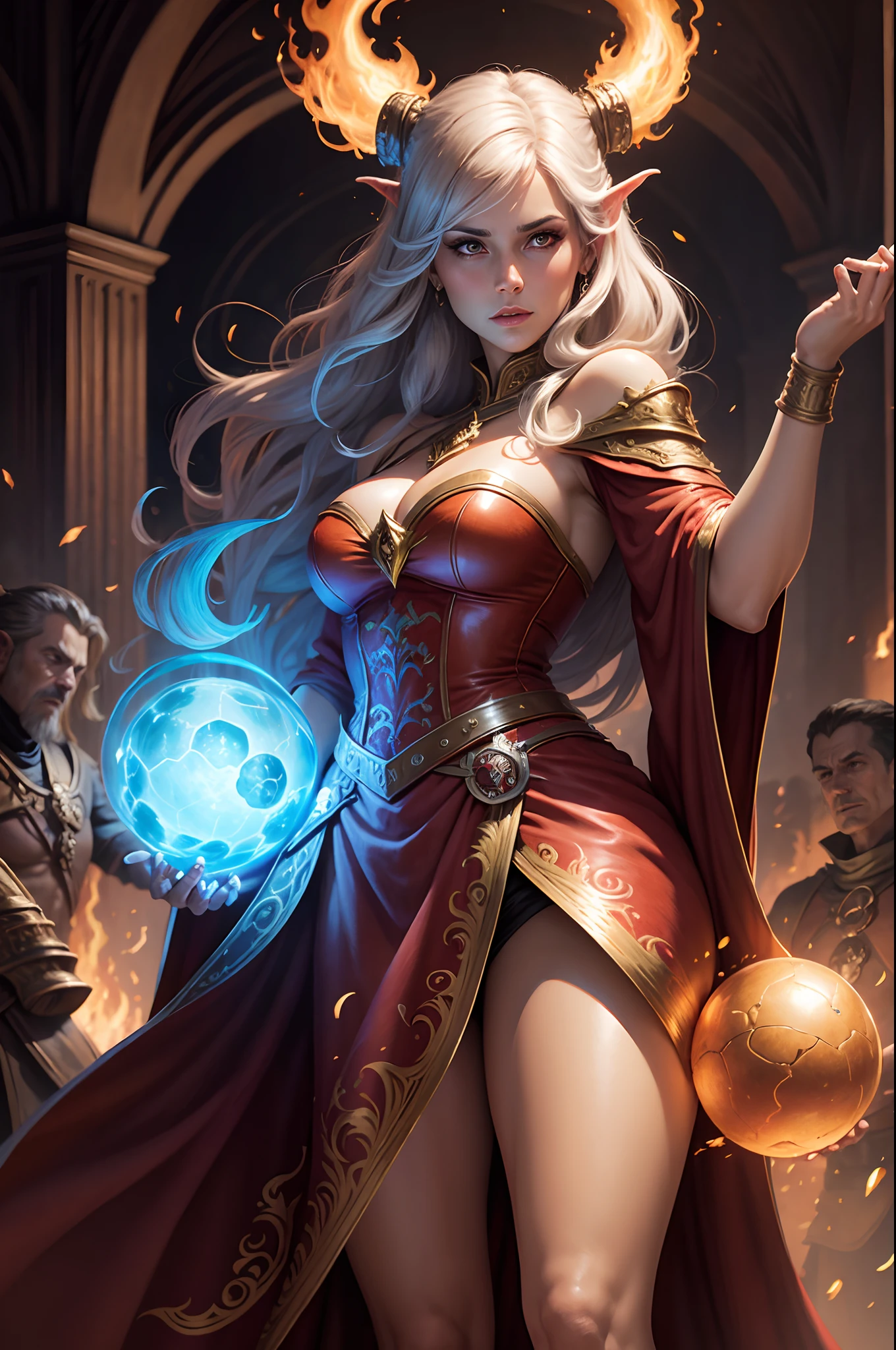 A closeup of a woman holding a fireball in front of a demon, arte de fantasia peluda, Hiper-realista D & d fantasy art, inspirado em Magali Villeneuve, inspirado em Jeff Easley, d & D Arte Digital Fantasia, d & d fantasy art, Dungeons and Dragons Arte de fantasia, Graphic artist Magali Villeneuve, d & d fantasia pintura digital