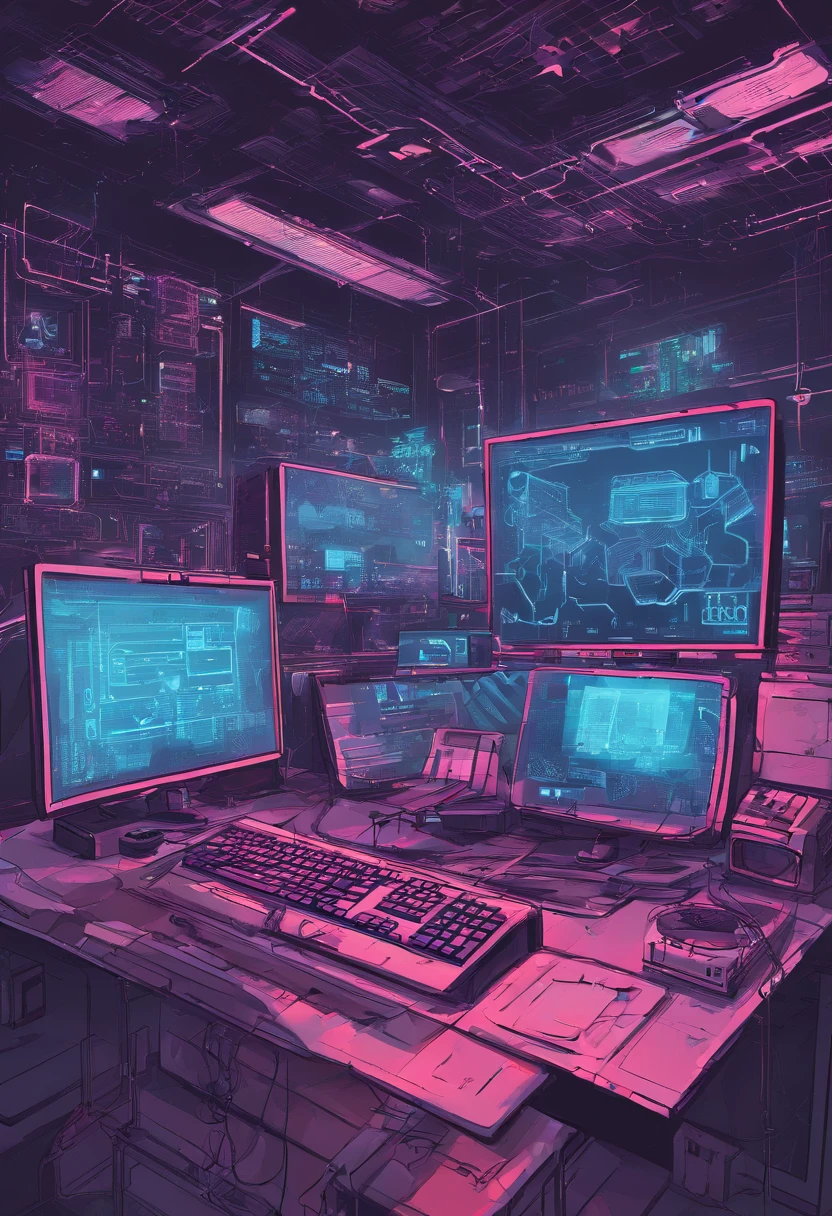 A dimly lit computer lab，There are a lot of monitors and a keyboard, cyber punk setting, Cyberpunk configuration, cyber led neon lighting, cyber space, cyberpunk with neon lighting, cyber neon lights, in a cyberpunk themed room, Indoor cyberpunk, gamer screen on metallic desk, cyber aesthetic, Cybernetic style, sci-fi computer, Cyber background, Network installation, console and computer，There are drones overhead，Cartoon character wearing VR glasses，Paper