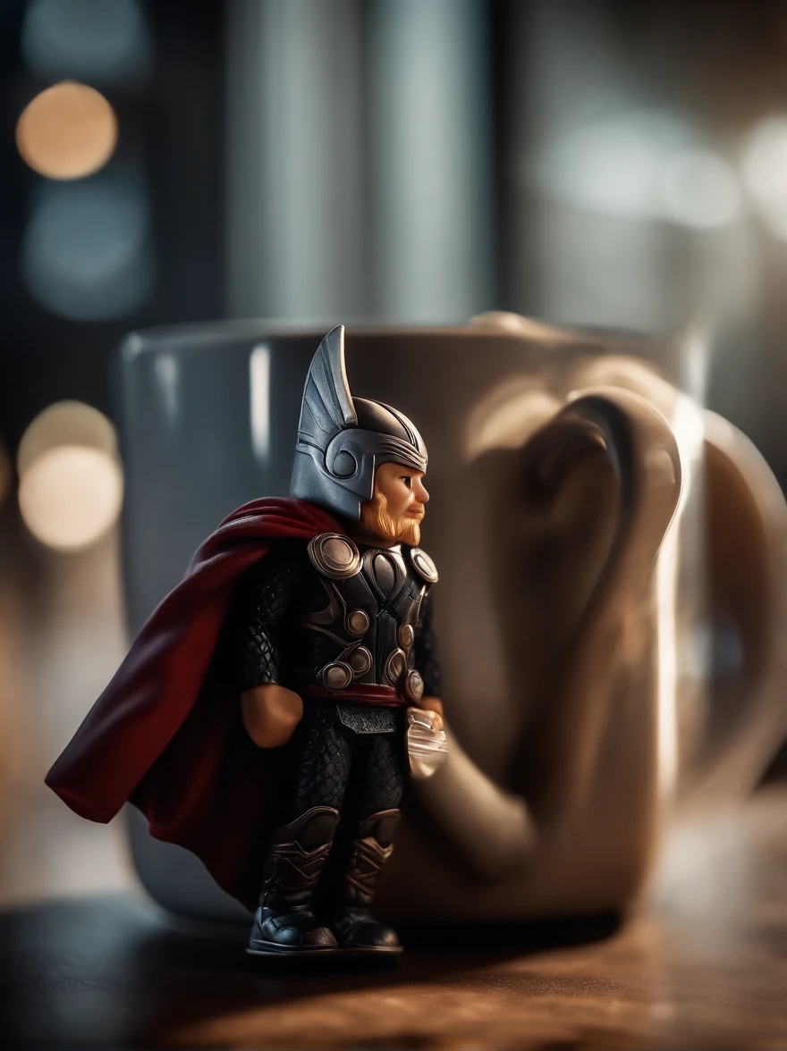 A Thor-shaped mug of coffee, cinemactic, hiper-realista, Epic perspective,
