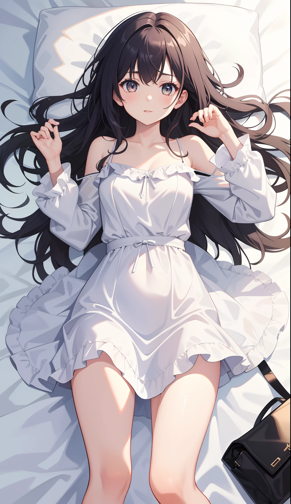 1girl in、AS-Adult、dressing gown、Soft dress、night dress、Lying in bed、One leg open、Upper body portrait、