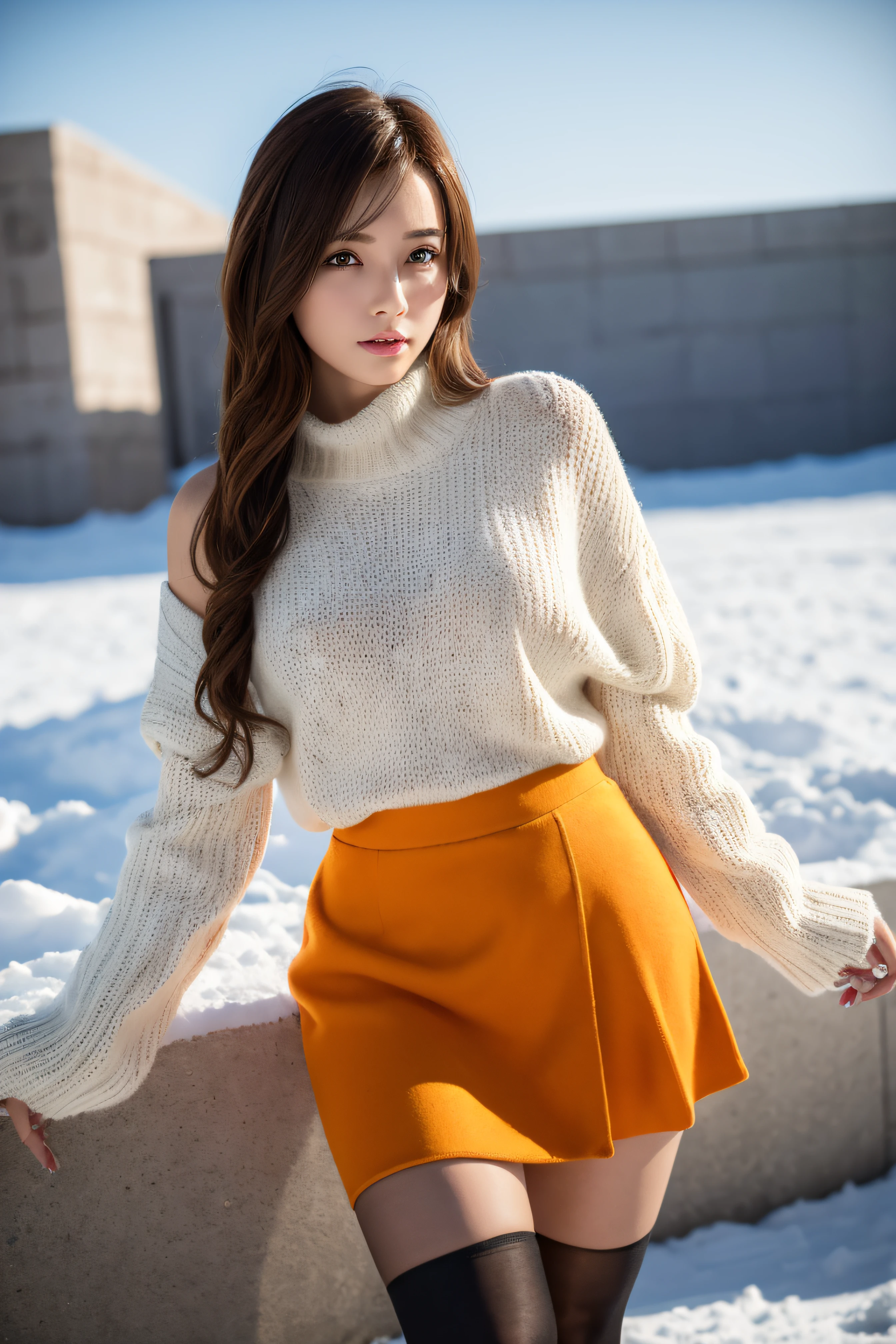 (RAW photo) Winters,snow landscape,a girl wearing an orange shoulder-length sweater and (flared skirt), and (over-the-knee stockings),(medium breasts), long hair, lacepantyhose, white underwear, Random color,long sweater,depth of fields,Real light,Ray traching,OC renderer,UE5 renderer,Hyper-realistic,best qualtiy,8K,Works of masters,super-fine,Detailed pubic hair,Correct anatomy.