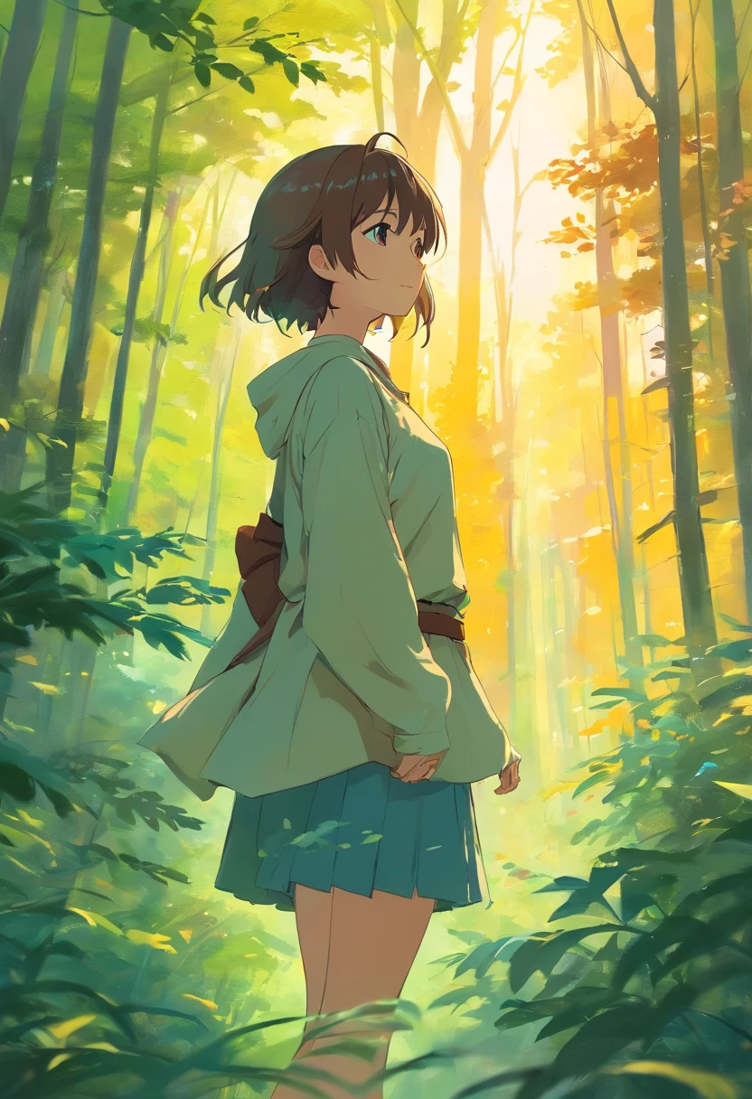 knight in a forest far away, love in the air, landscape, pallet knife and brush strokes, warm color palette, romantic atmosphere , ethereal, mysterious, no face shown,