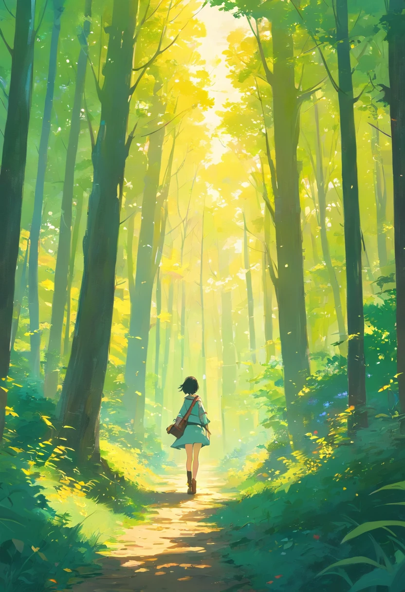 knight in a forest far away, love in the air, landscape, pallet knife and brush strokes, warm color palette, romantic atmosphere , ethereal, mysterious, no face shown,