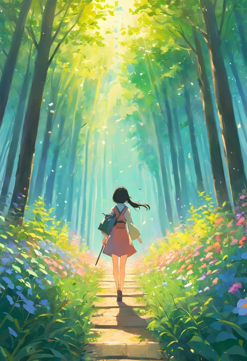 extreme detail description, knight in a forest far away, love in the air, landscape, pallet knife and brush strokes, warm color palette, romantic atmosphere , ethereal, mysterious, no face shown, colorful flowers blooming,