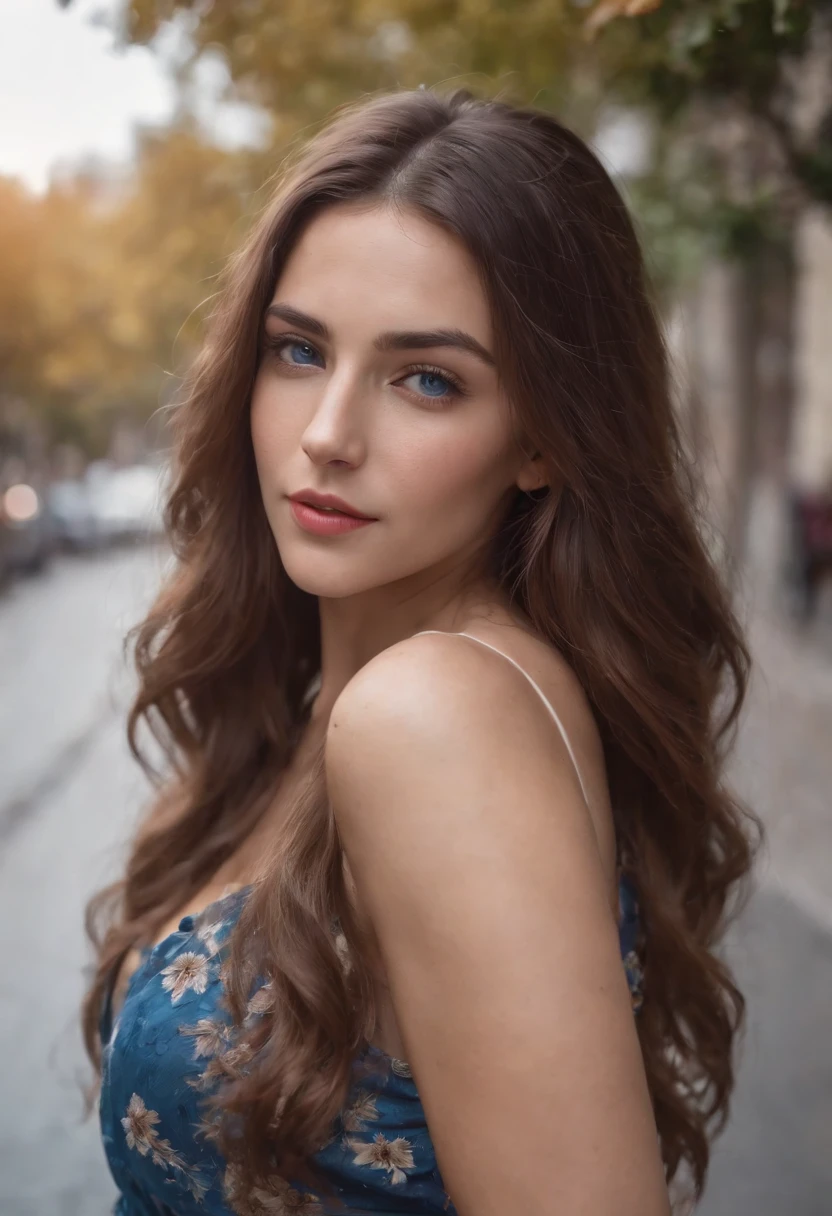 A beautiful reading head Turkish woman,Unique face and blue eyes, Macy's long hair, windy hair, Rainy days, Wet body, Wear bohemian style and shorts, Floating flowers surround, Some dry leaves on the road, Energetic posture, Urban street background, Day and night, Ambient lighting, Motion blurr, realistic raytraicing, Simulates the film color style, Sigma 24mm F1.2 lens, Ultra photo realsisim, Highly detailed, 8K, Full body view, image in high resolution, 64 million pixel image
