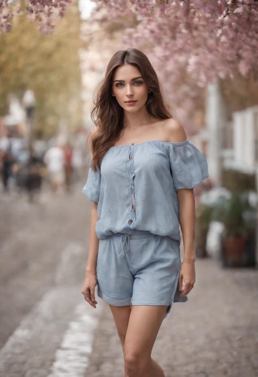 A beautiful reading head Turkish woman,Unique face and blue eyes, Macy's long hair, windy hair, Rainy days, Wet body, Wear bohemian style and shorts, Floating flowers surround, Some dry leaves on the road, Energetic posture, Urban street background, Day and night, Ambient lighting, Motion blurr, realistic raytraicing, Simulates the film color style, Sigma 24mm F1.2 lens, Ultra photo realsisim, Highly detailed, 8K, Full body view, image in high resolution, 64 million pixel image