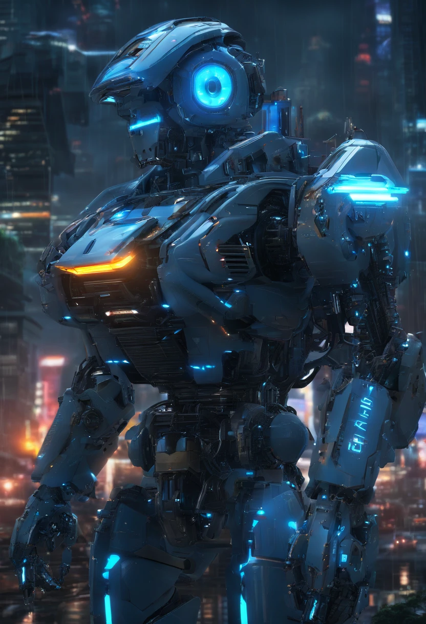 Um mecha azul, estilo inseto, com metralhadoras saindo pela boca, em uma floresta chuvosa e sombria, where the rain reflects the vibrant lights of the city in the distance, criando um contraste futurista, HD 4k